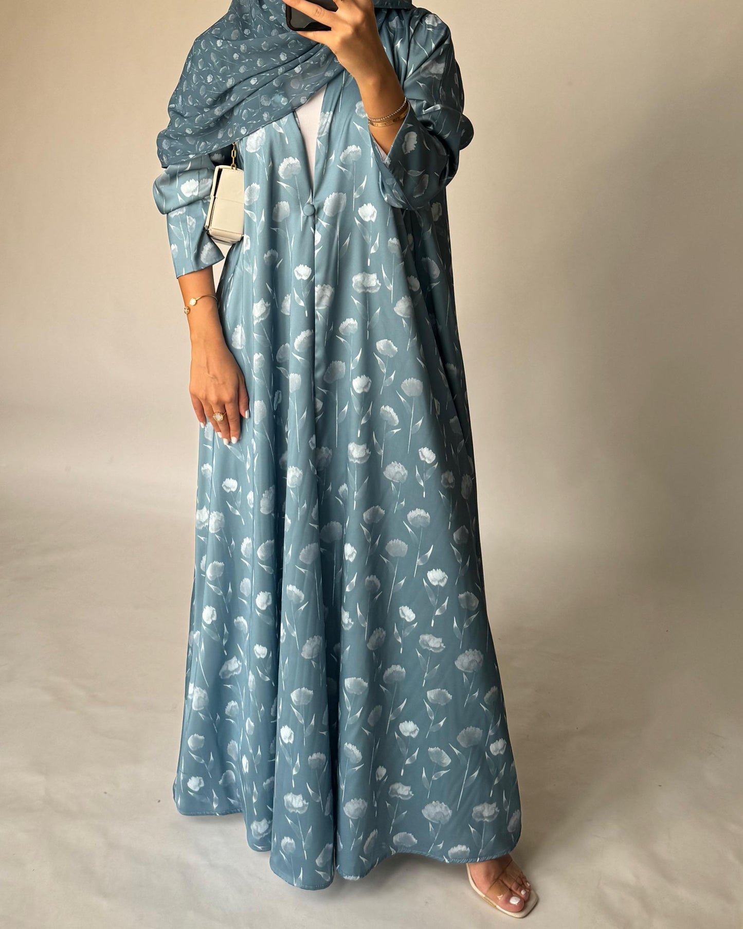 A404 - Light Blue Flower Pattern A-Cut Summery Daily Abaya
