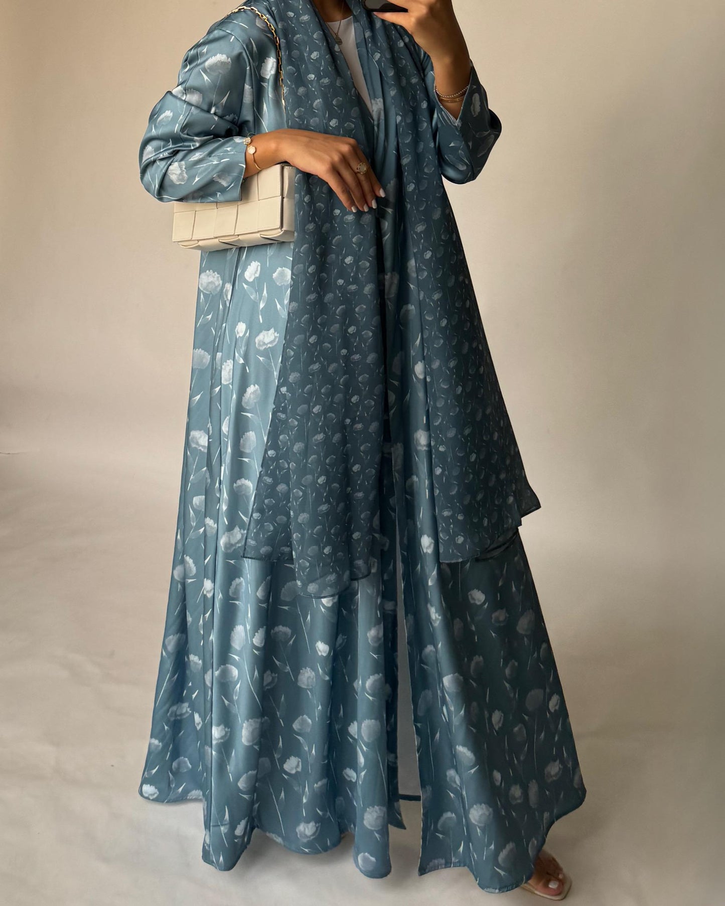 A404 - Light Blue Flower Pattern A-Cut Summery Daily Abaya