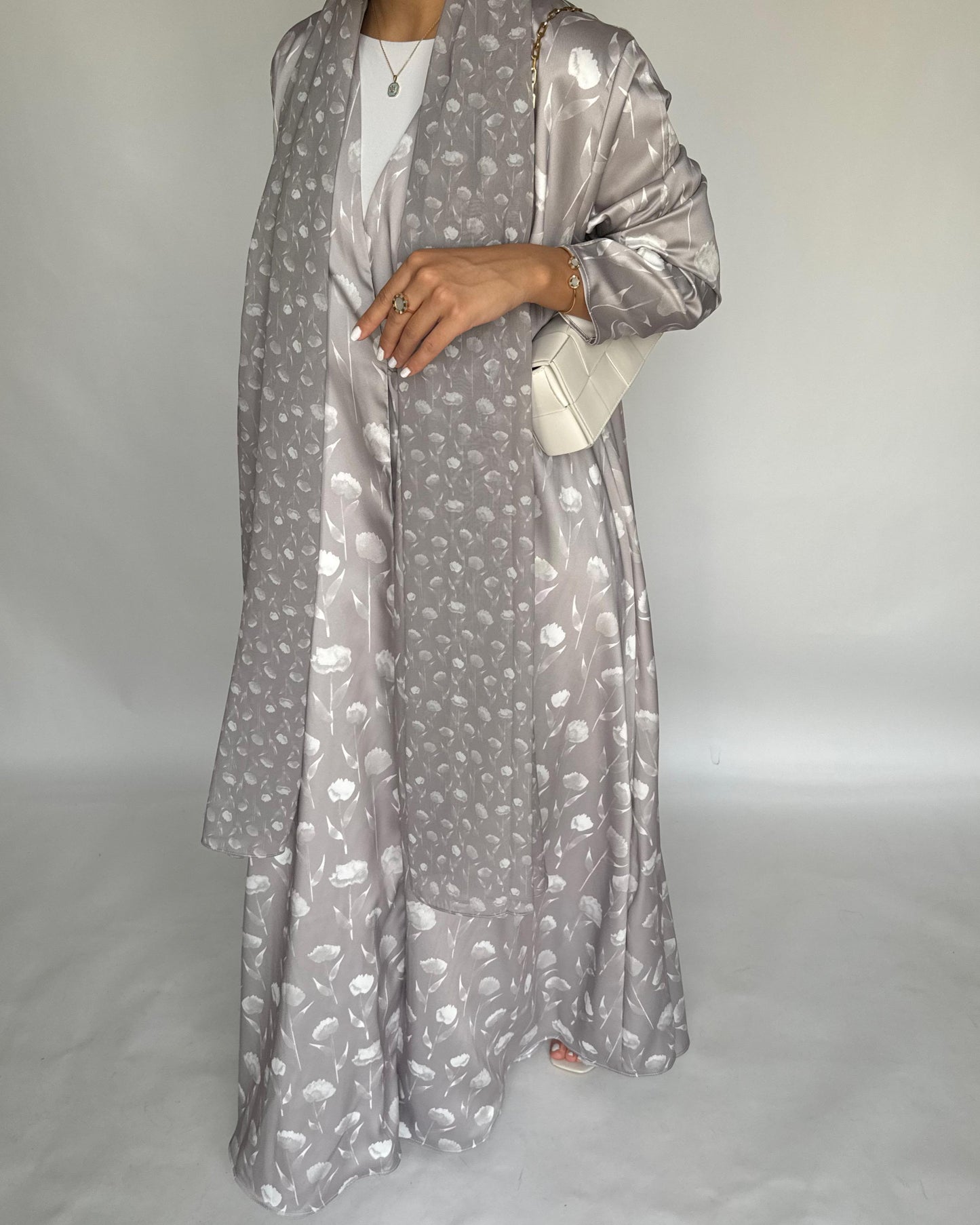 A405 - Beige Flower Pattern A-Cut Summery Daily Abaya