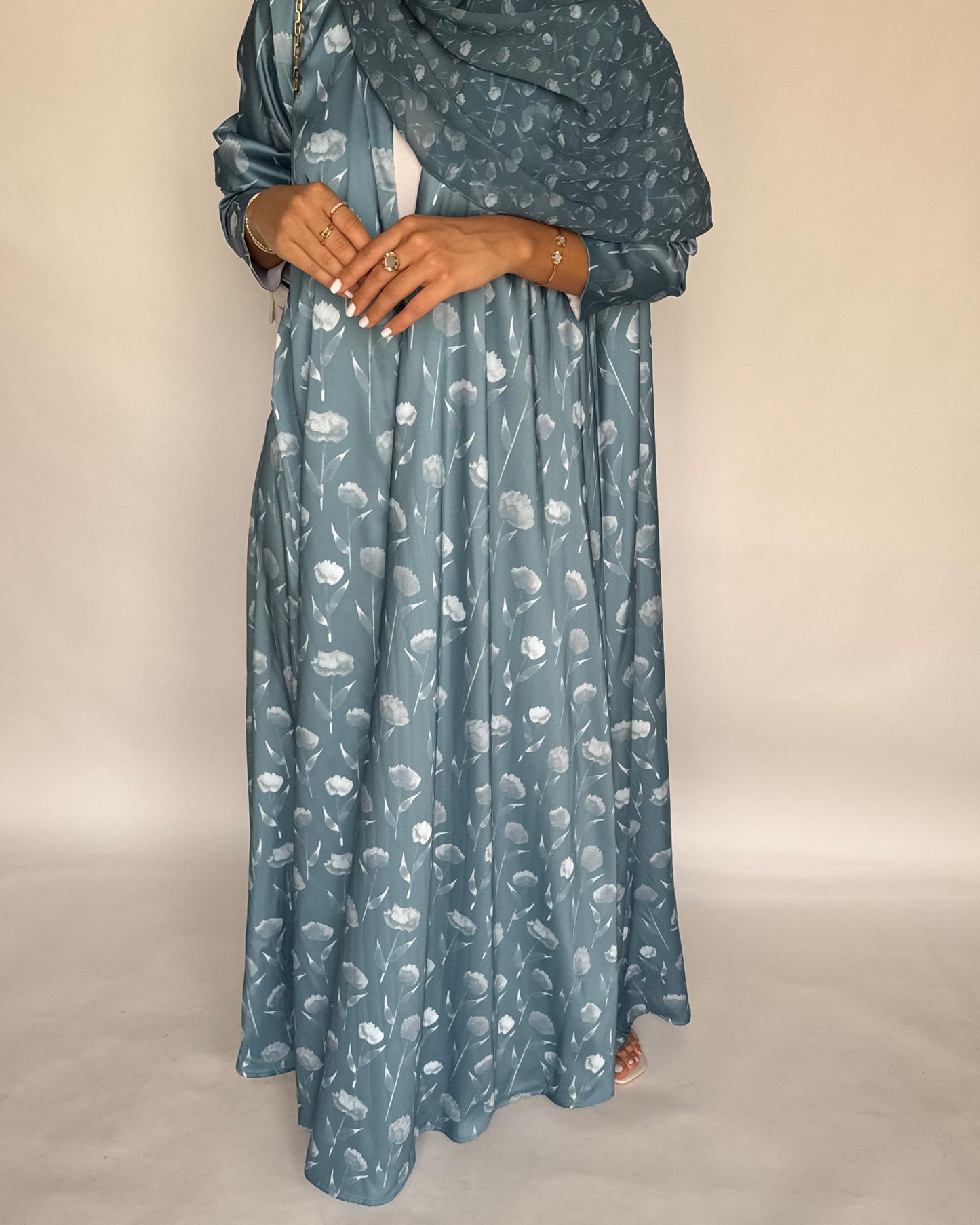 A404 - Light Blue Flower Pattern A-Cut Summery Daily Abaya