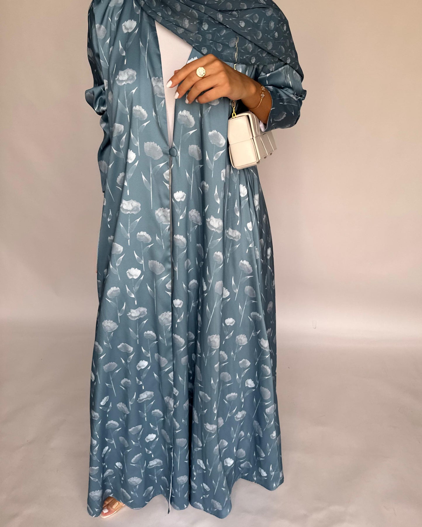 A404 - Light Blue Flower Pattern A-Cut Summery Daily Abaya