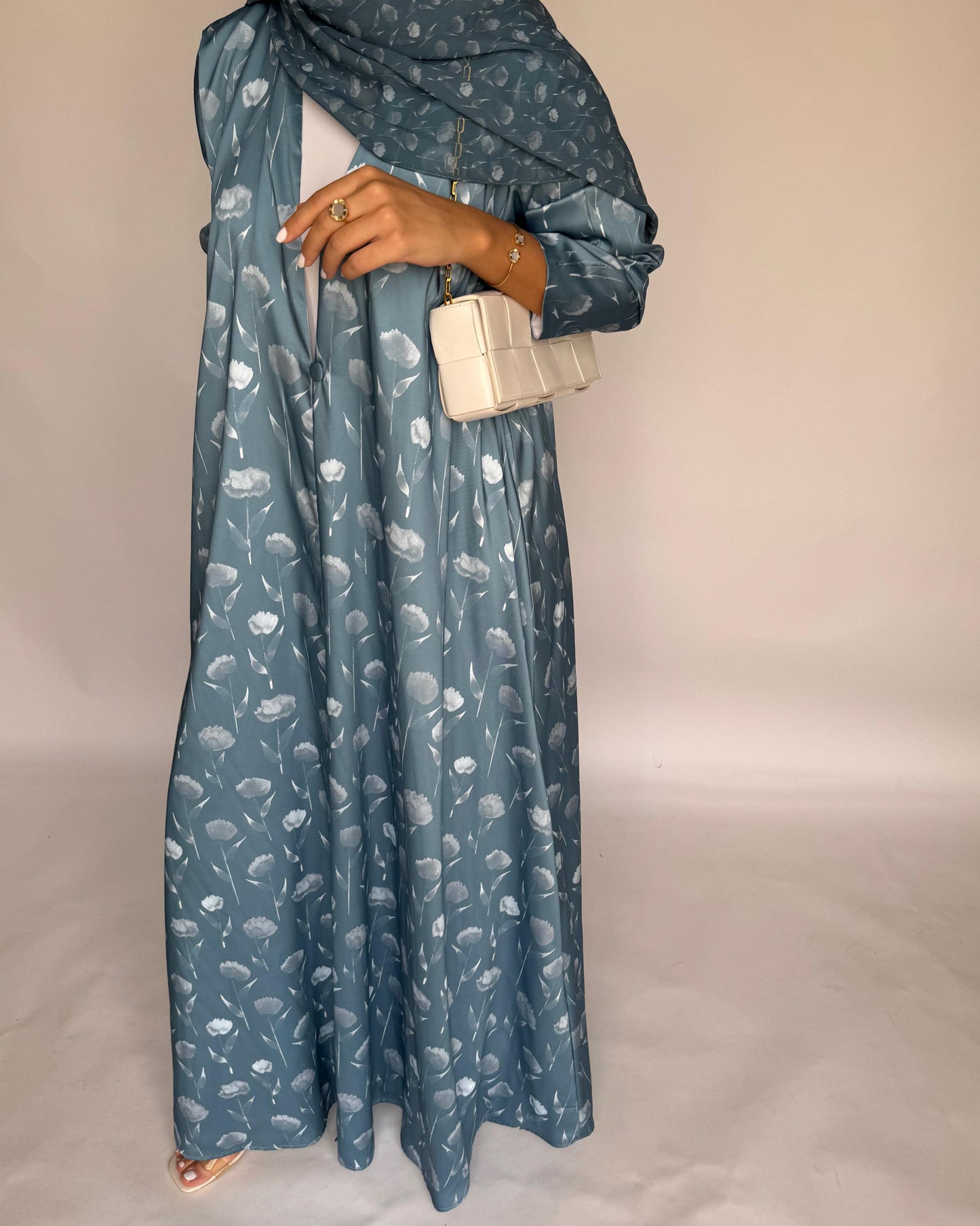 A404 - Light Blue Flower Pattern A-Cut Summery Daily Abaya