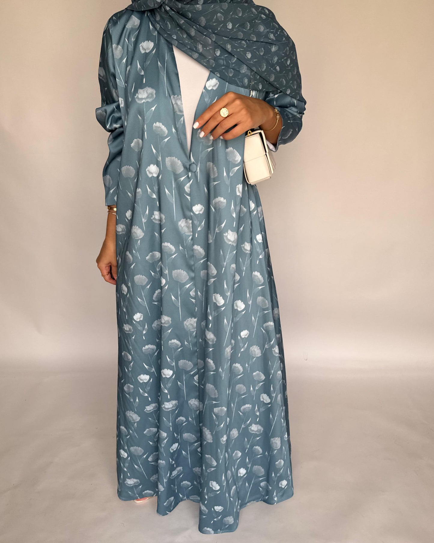 A404 - Light Blue Flower Pattern A-Cut Summery Daily Abaya