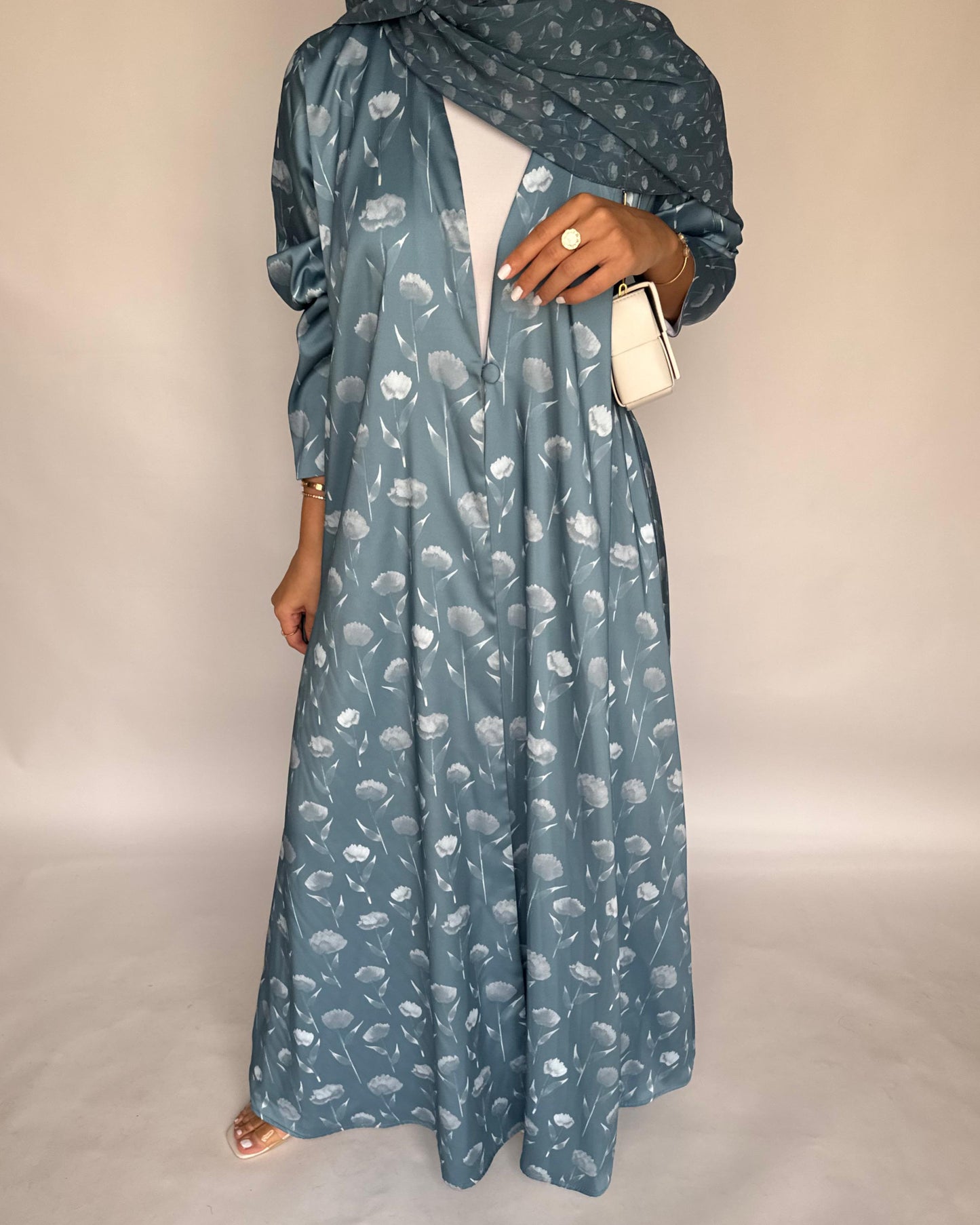 A404 - Light Blue Flower Pattern A-Cut Summery Daily Abaya