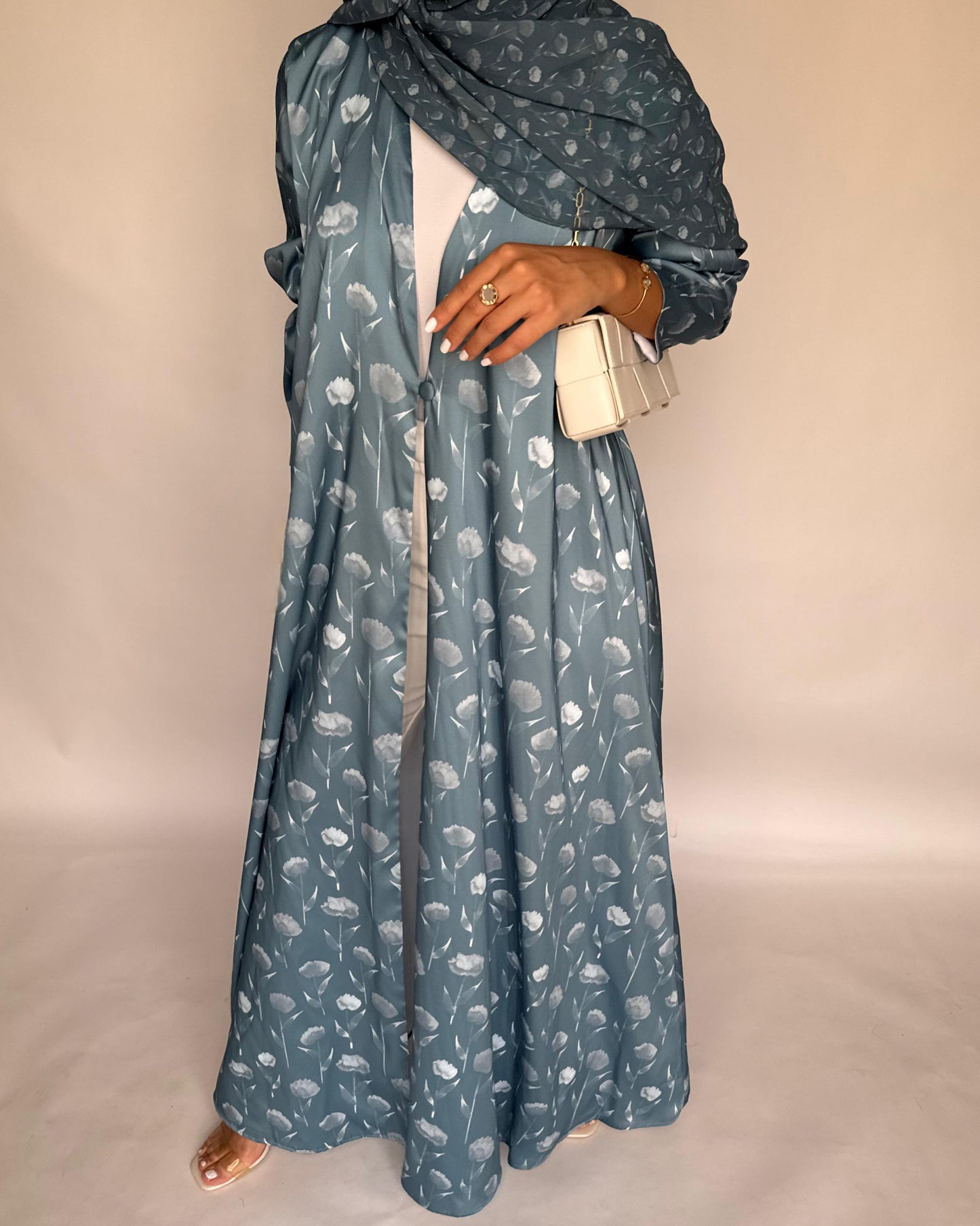 A404 - Light Blue Flower Pattern A-Cut Summery Daily Abaya