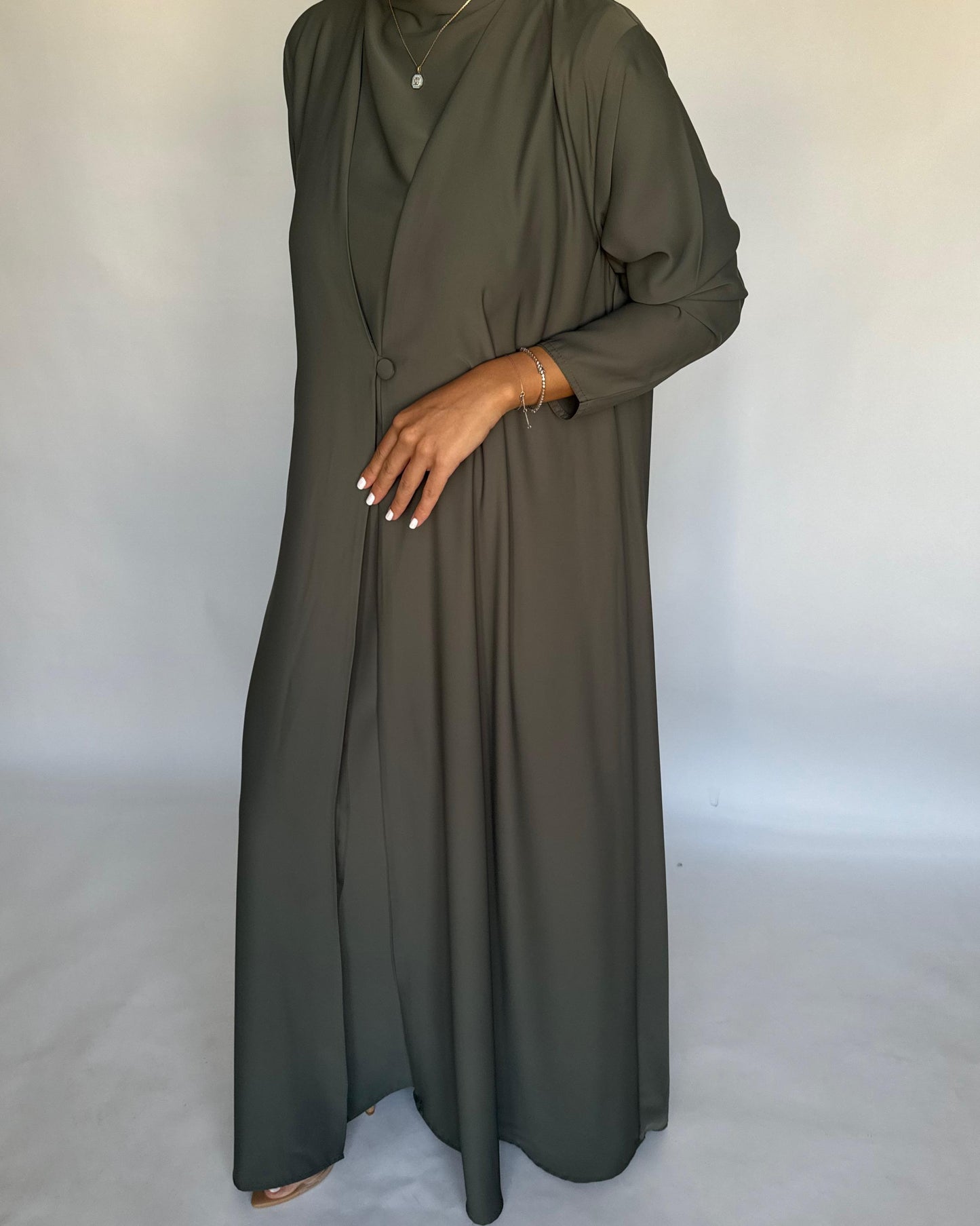 A408 - Olive Green Daily Summery Abaya, Dress & Shaila