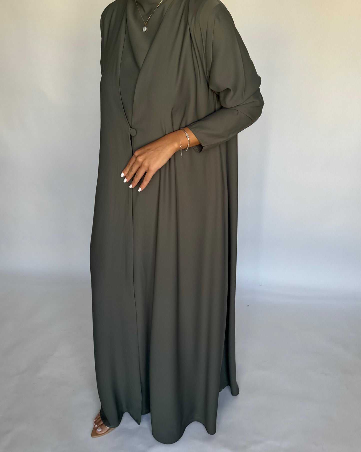 A408 - Olive Green Daily Summery Abaya, Dress & Shaila