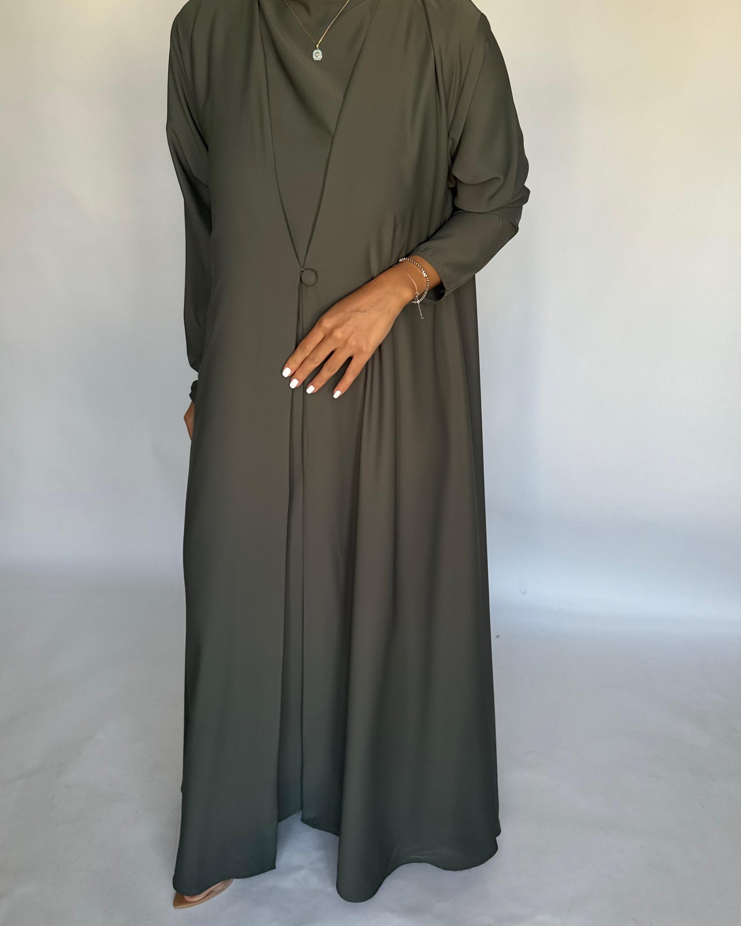 A408 - Olive Green Daily Summery Abaya, Dress & Shaila