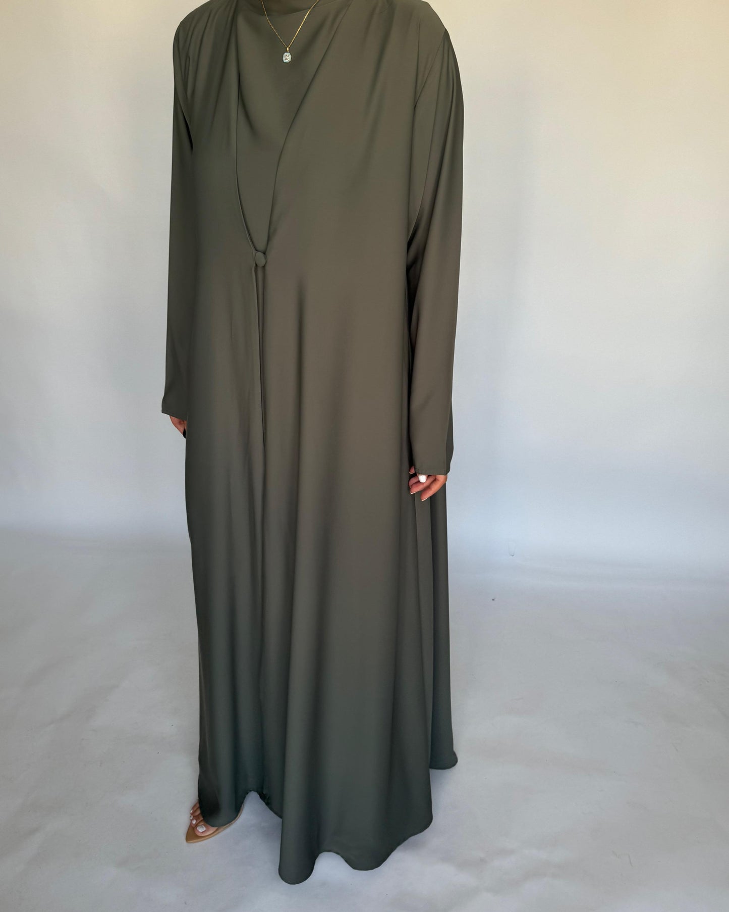 A408 - Olive Green Daily Summery Abaya, Dress & Shaila