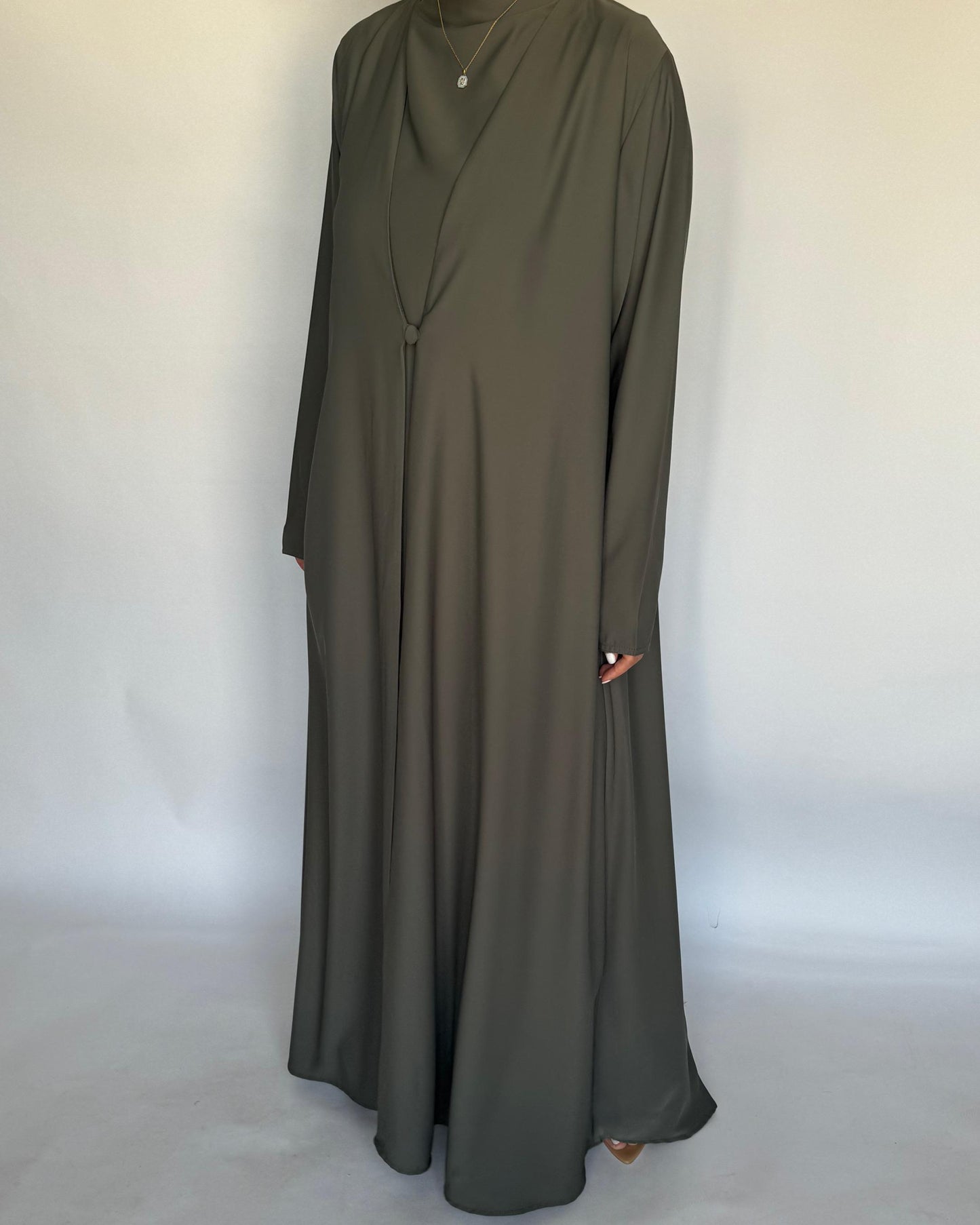 A408 - Olive Green Daily Summery Abaya, Dress & Shaila