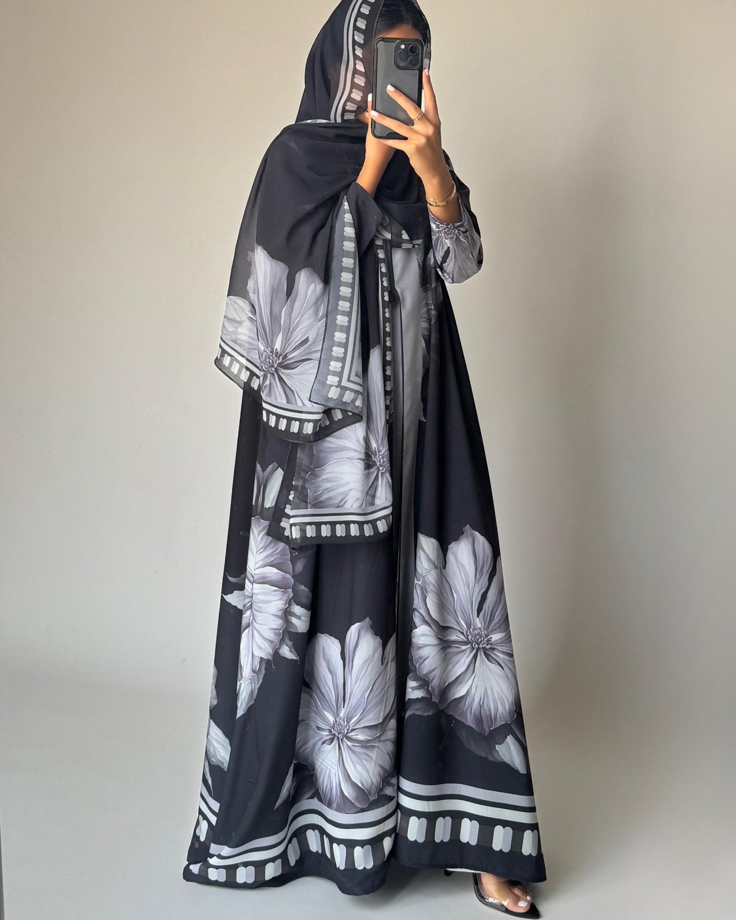 A429 - Black-ish Gray A-Cut Flower Summery Daily Abaya