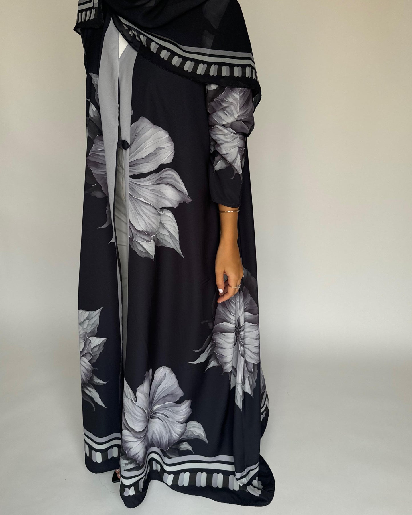 A429 - Black-ish Gray A-Cut Flower Summery Daily Abaya