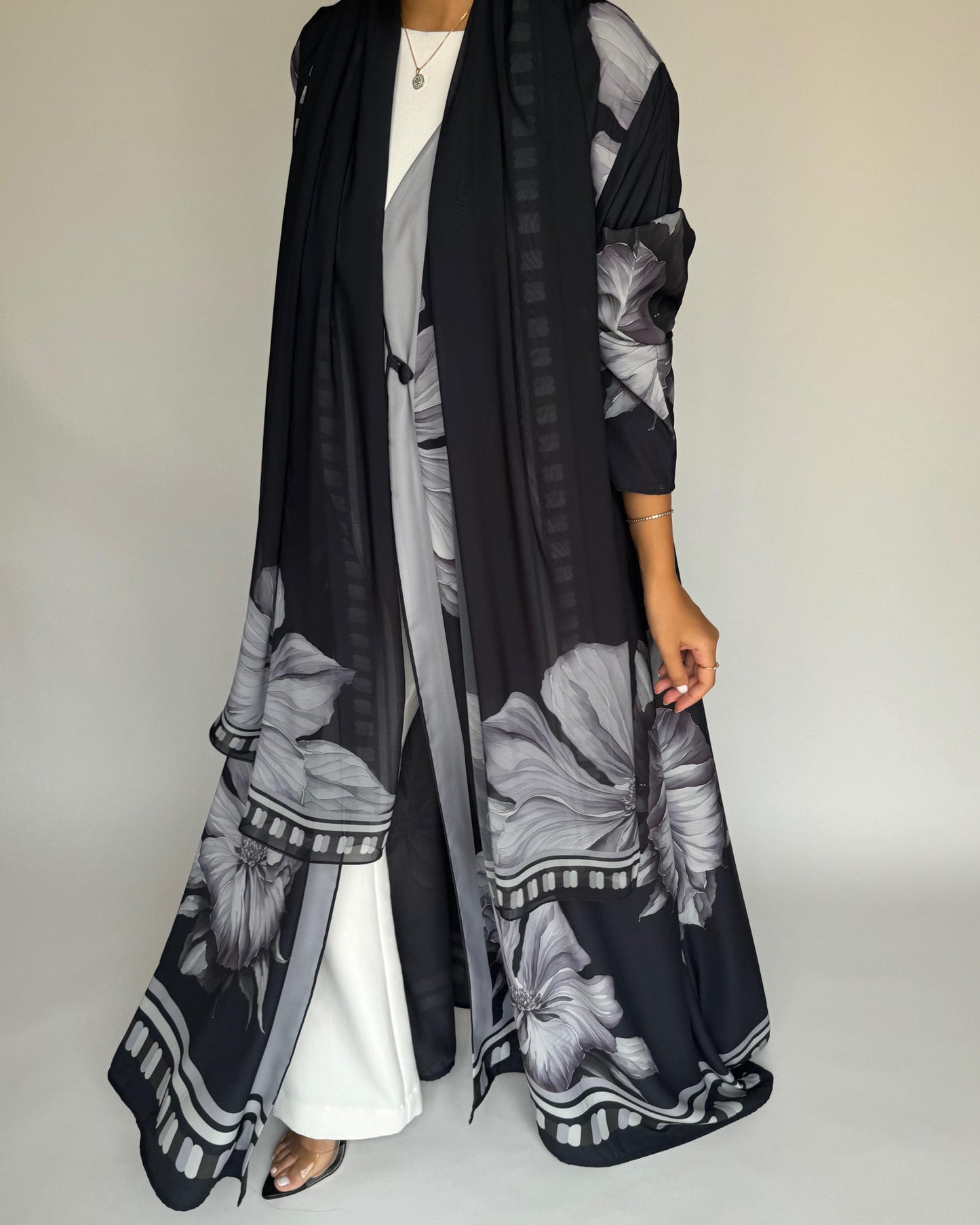 A429 - Black-ish Gray A-Cut Flower Summery Daily Abaya