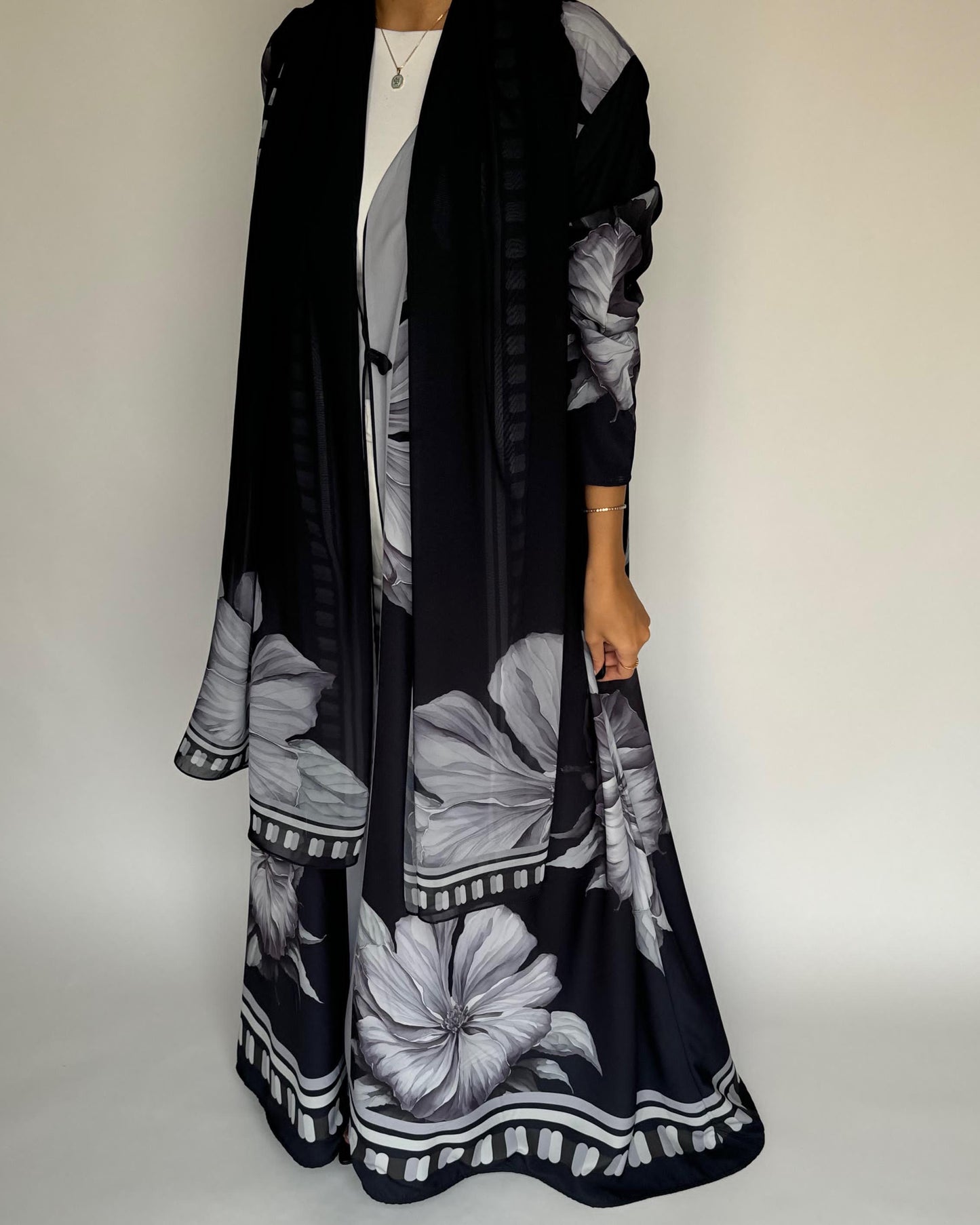 A429 - Black-ish Gray A-Cut Flower Summery Daily Abaya