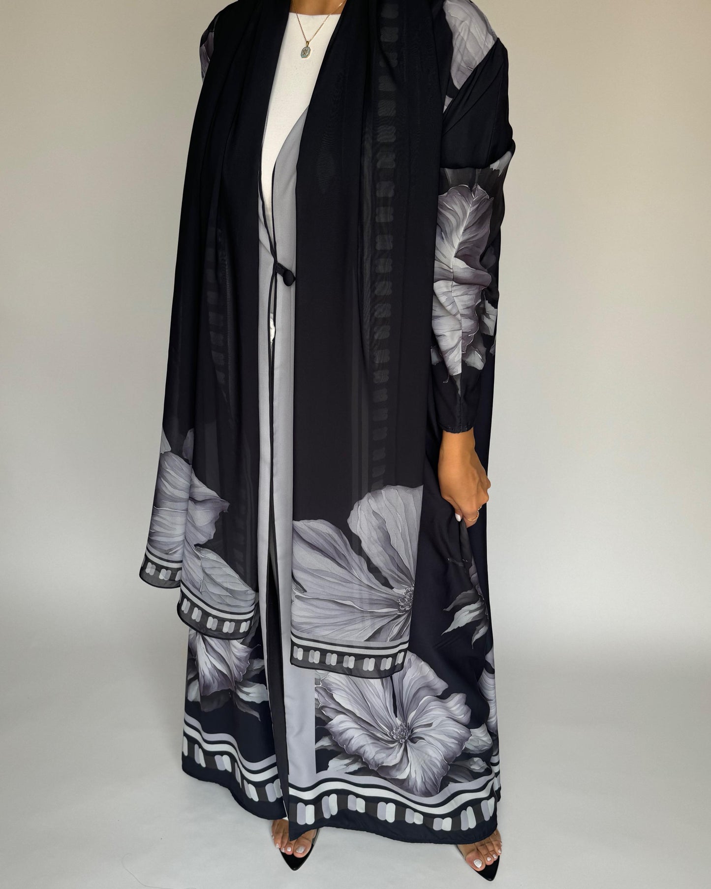 A429 - Black-ish Gray A-Cut Flower Summery Daily Abaya