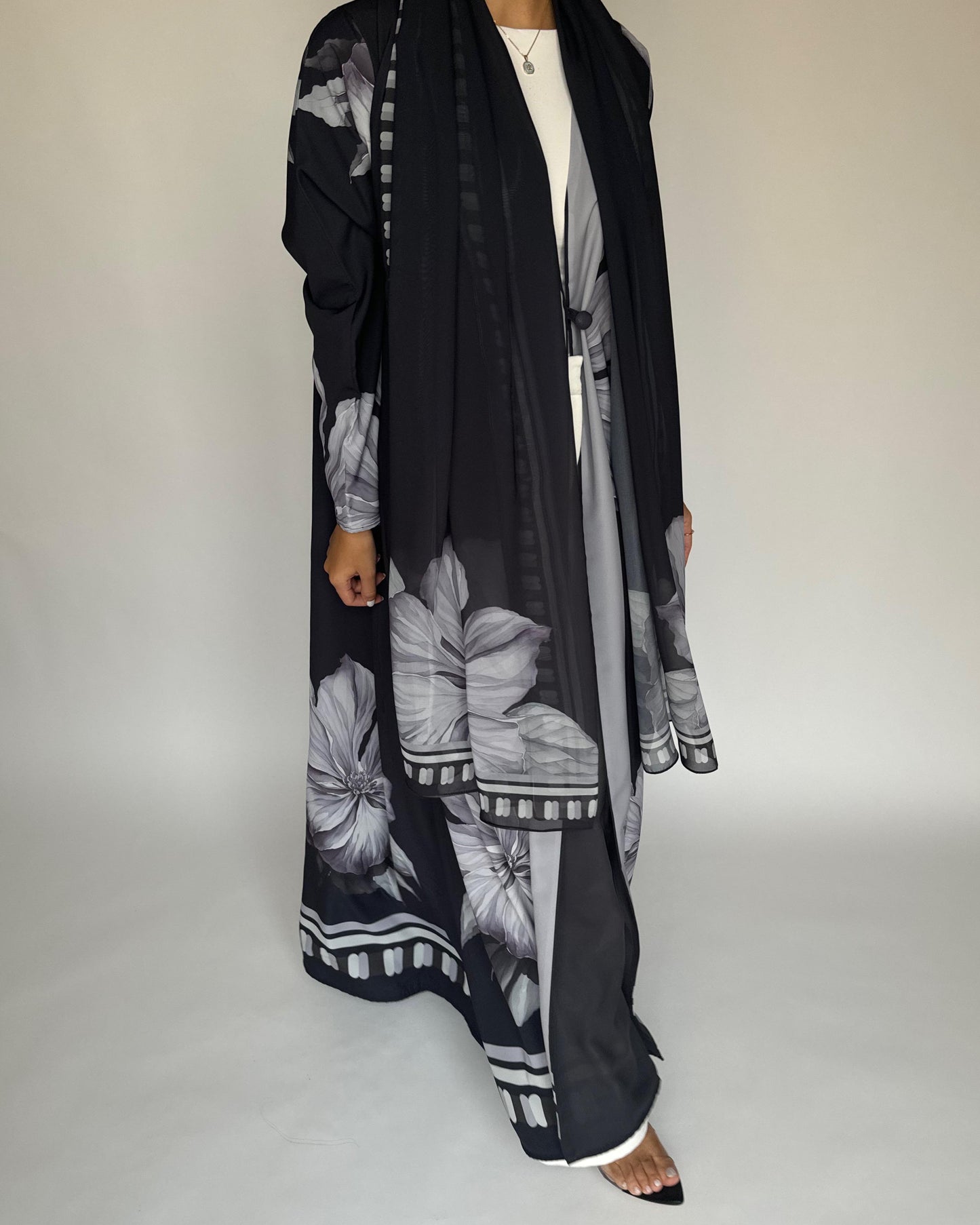 A429 - Black-ish Gray A-Cut Flower Summery Daily Abaya