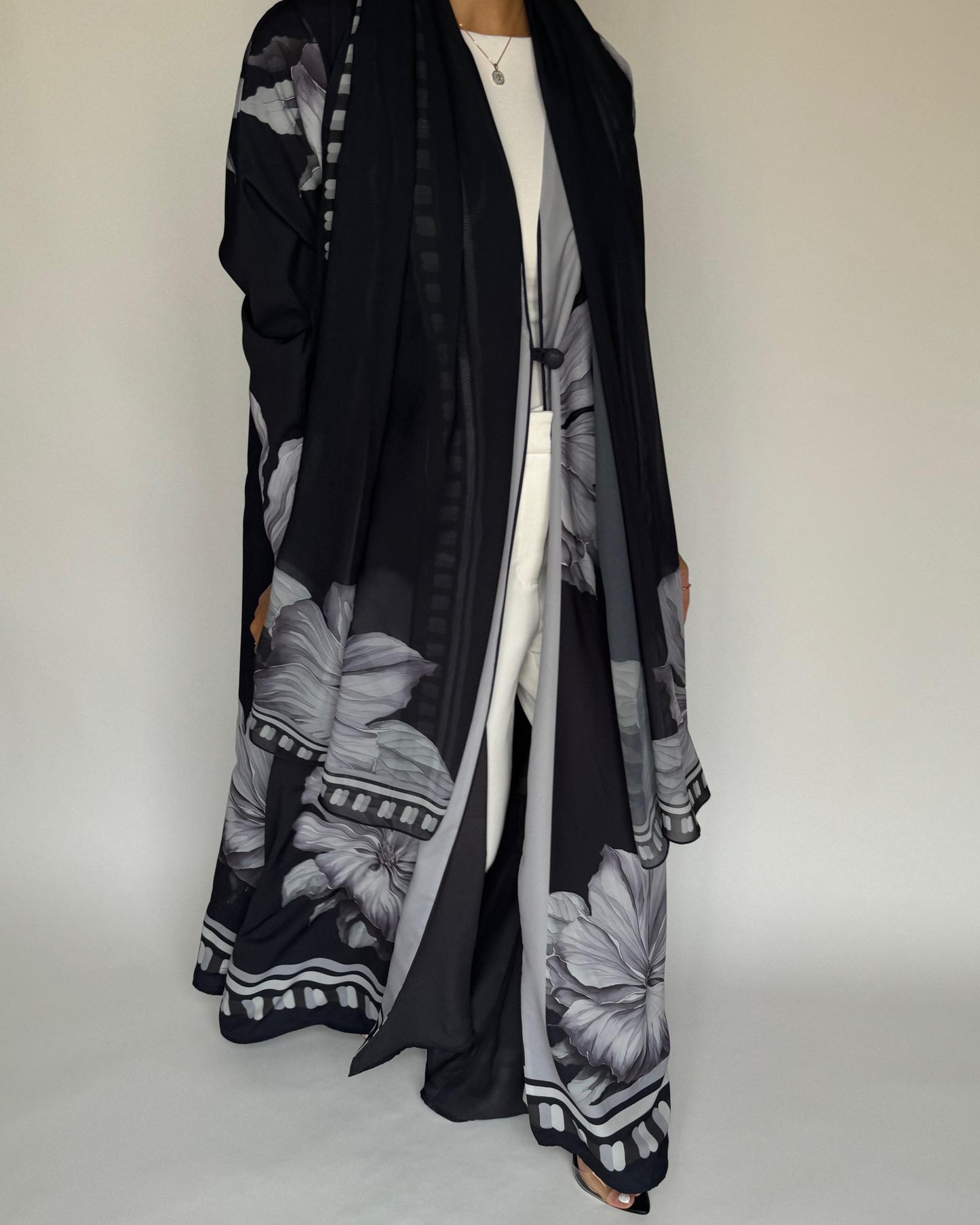 A429 - Black-ish Gray A-Cut Flower Summery Daily Abaya