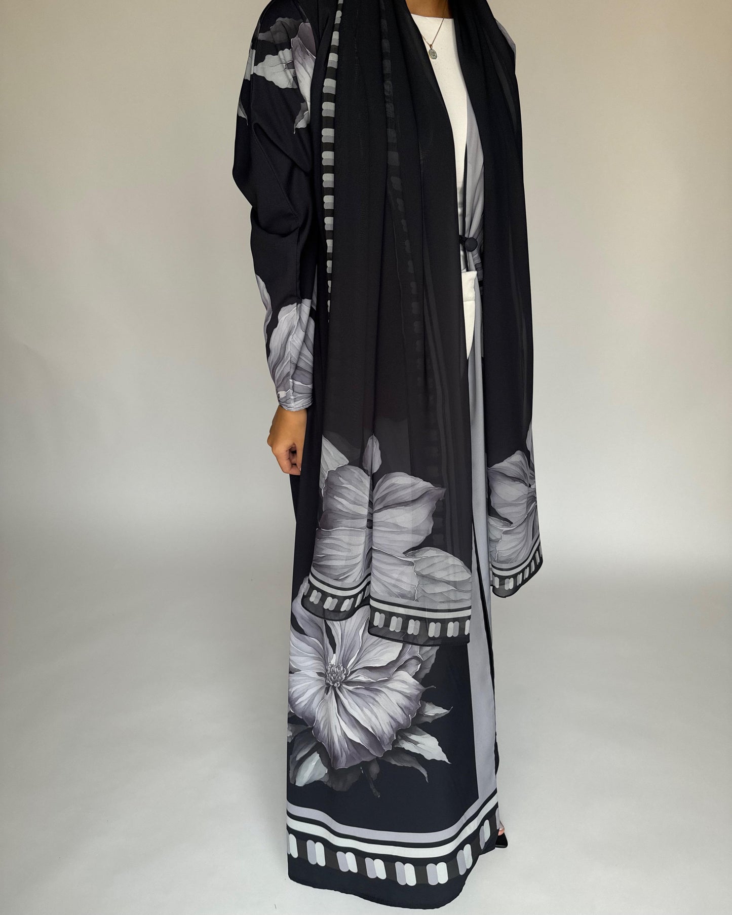 A429 - Black-ish Gray A-Cut Flower Summery Daily Abaya