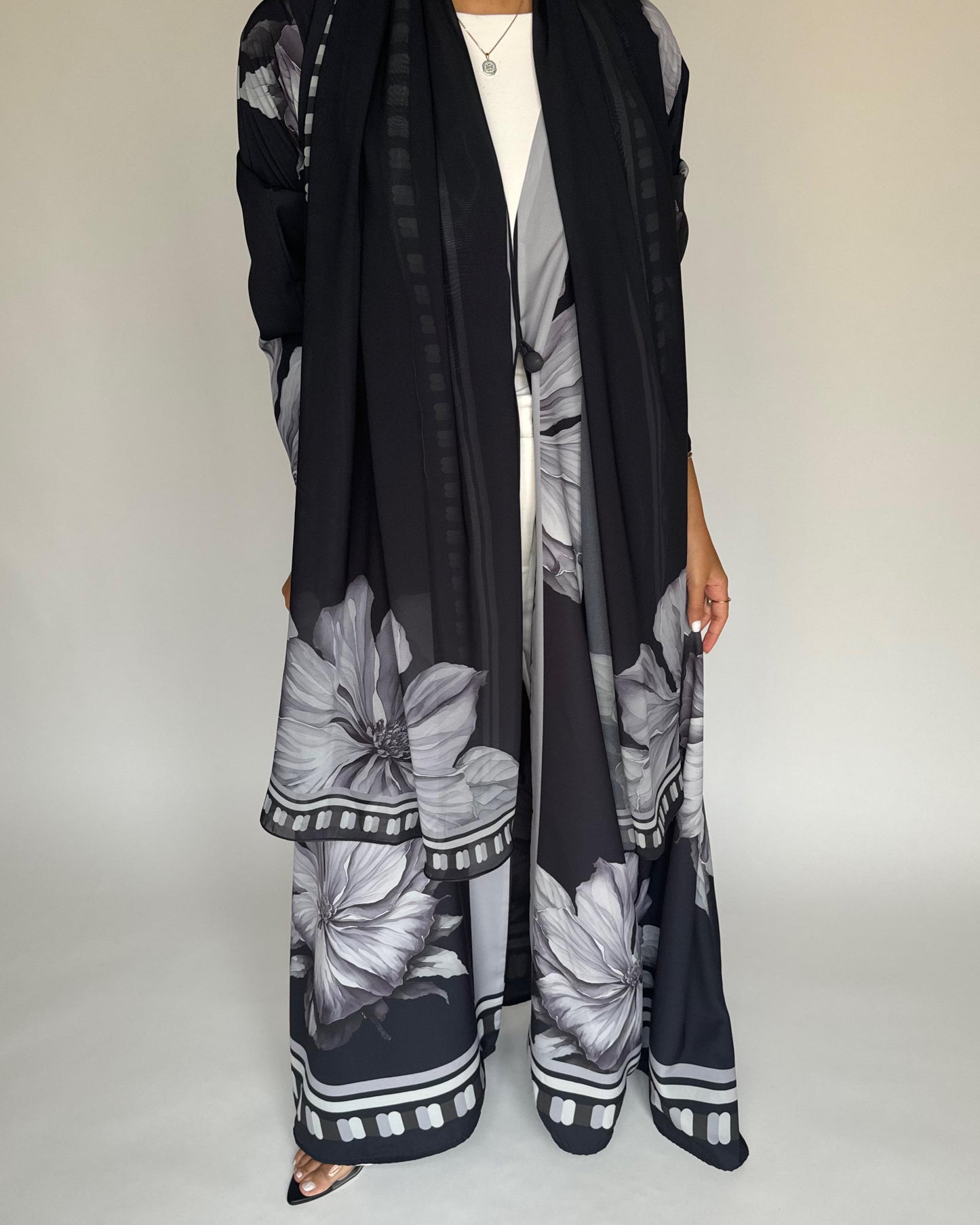 A429 - Black-ish Gray A-Cut Flower Summery Daily Abaya