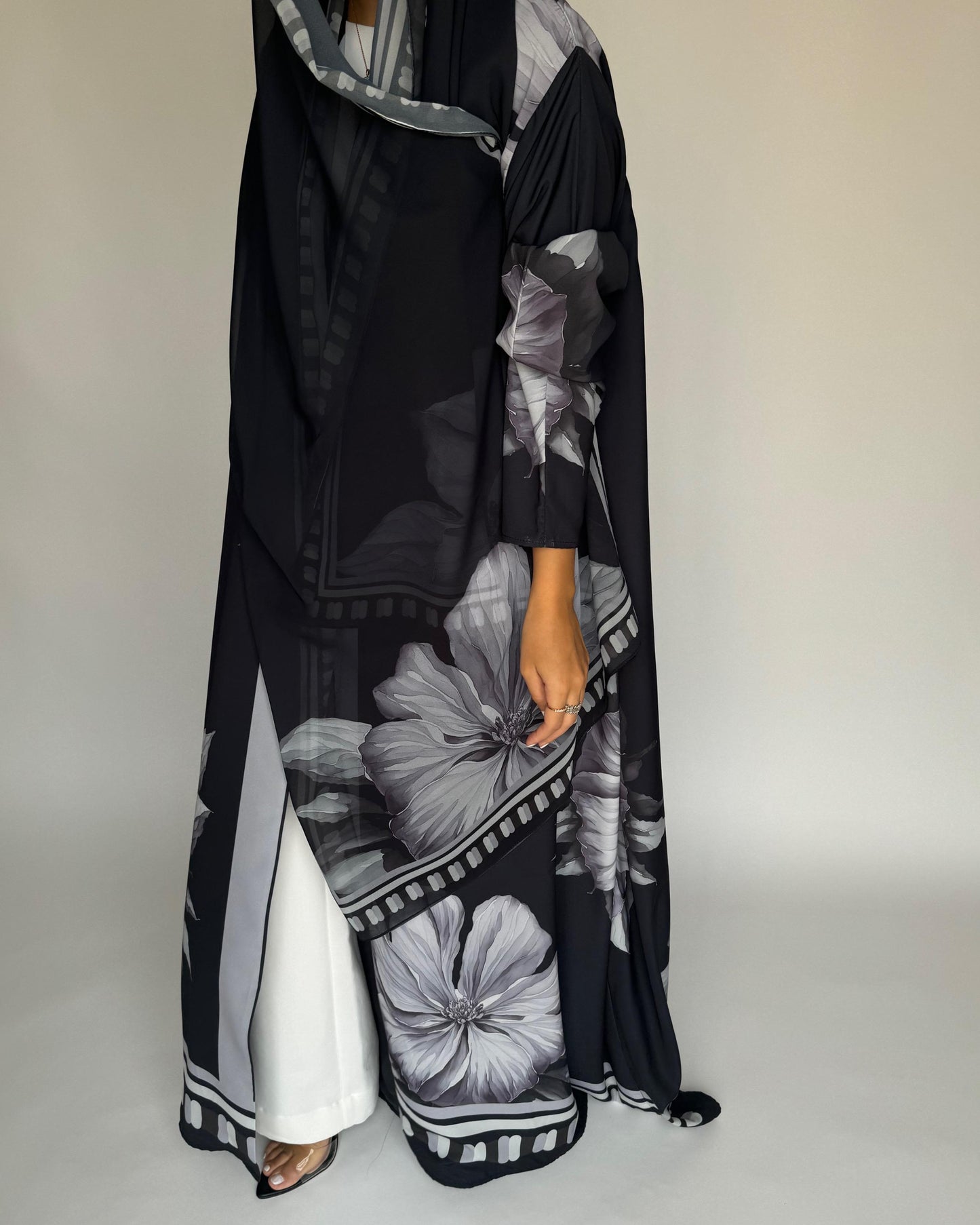 A429 - Black-ish Gray A-Cut Flower Summery Daily Abaya