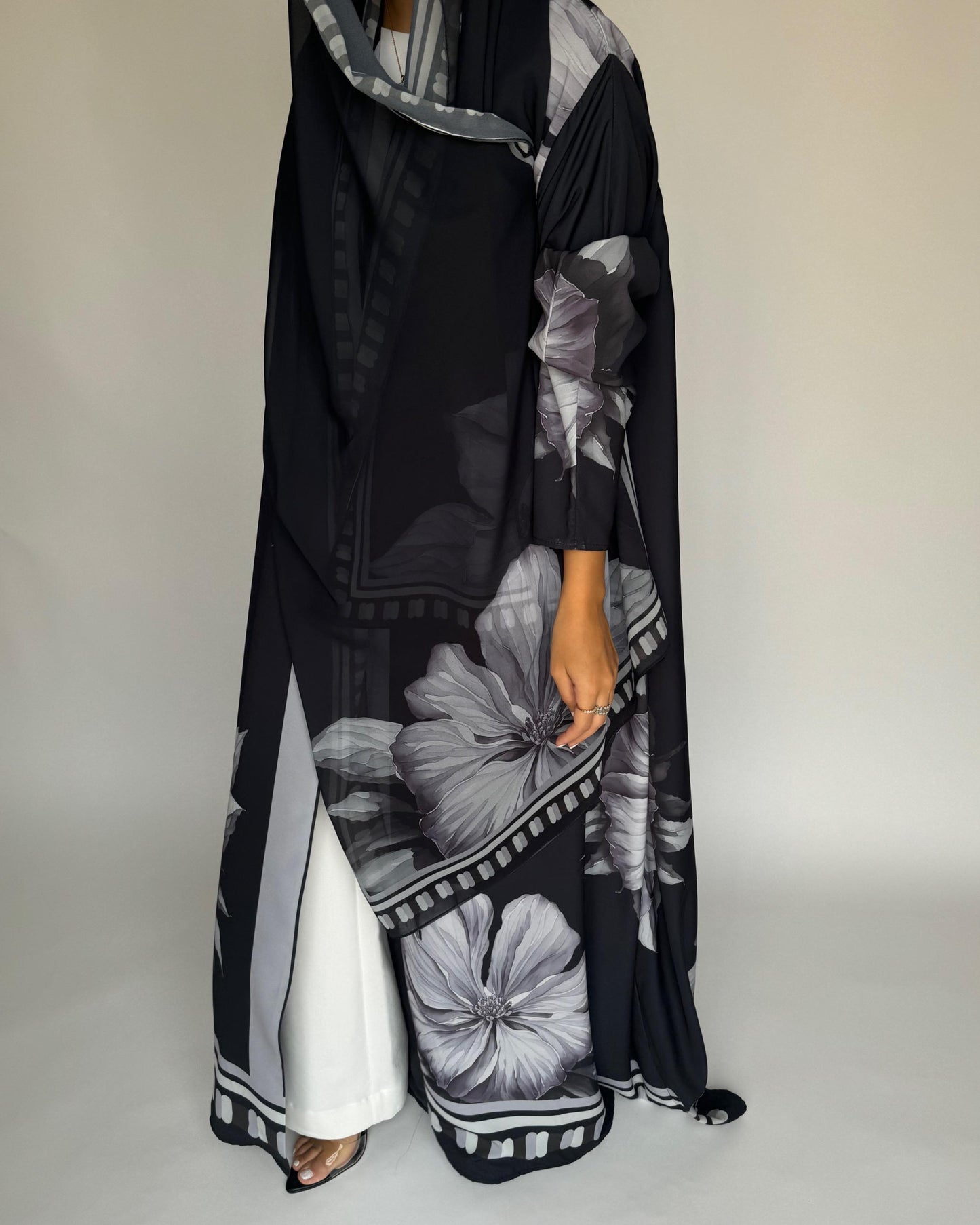 A429 - Black-ish Gray A-Cut Flower Summery Daily Abaya