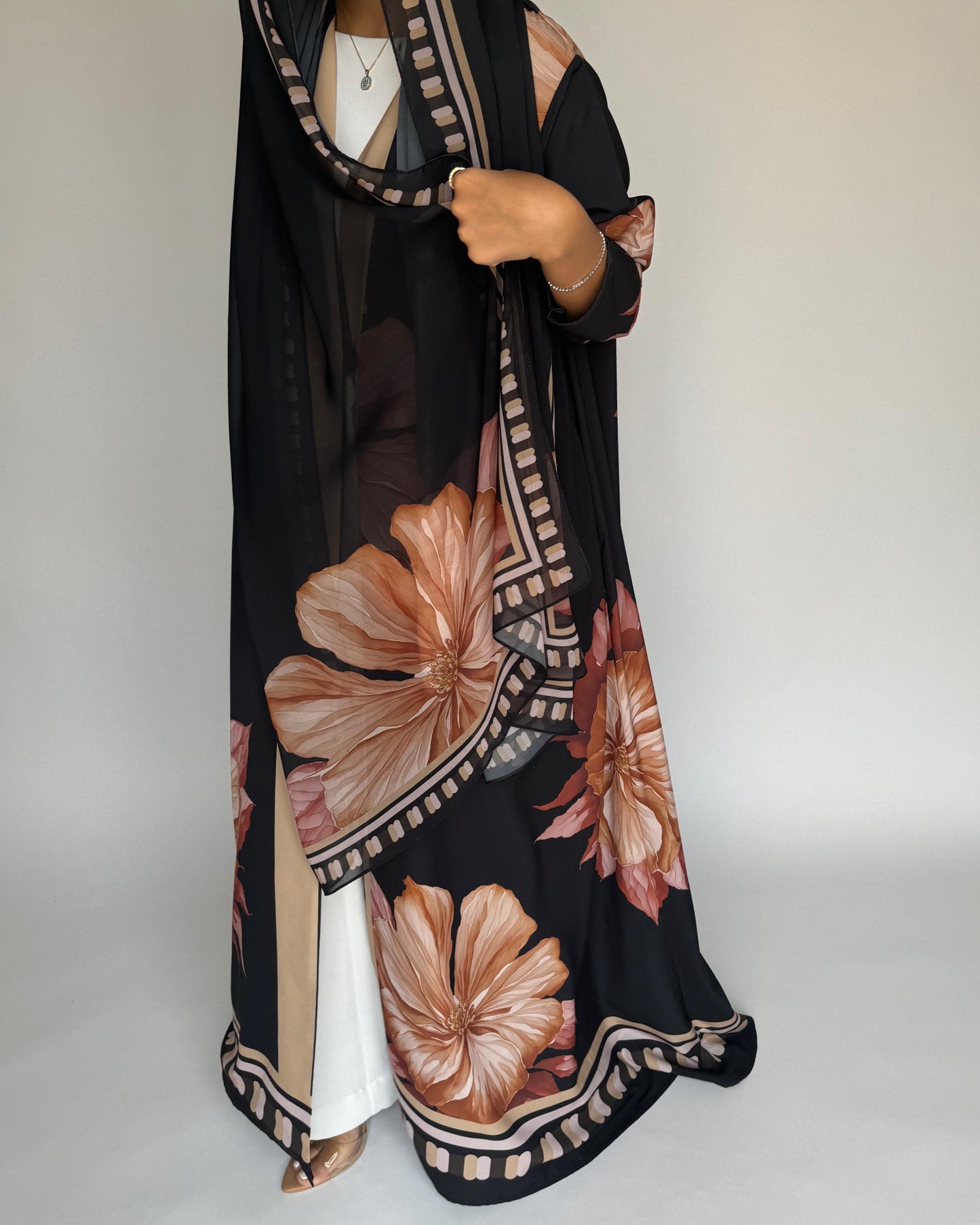 A423 - Charcoal A-Cut Flower Summery Daily Abaya