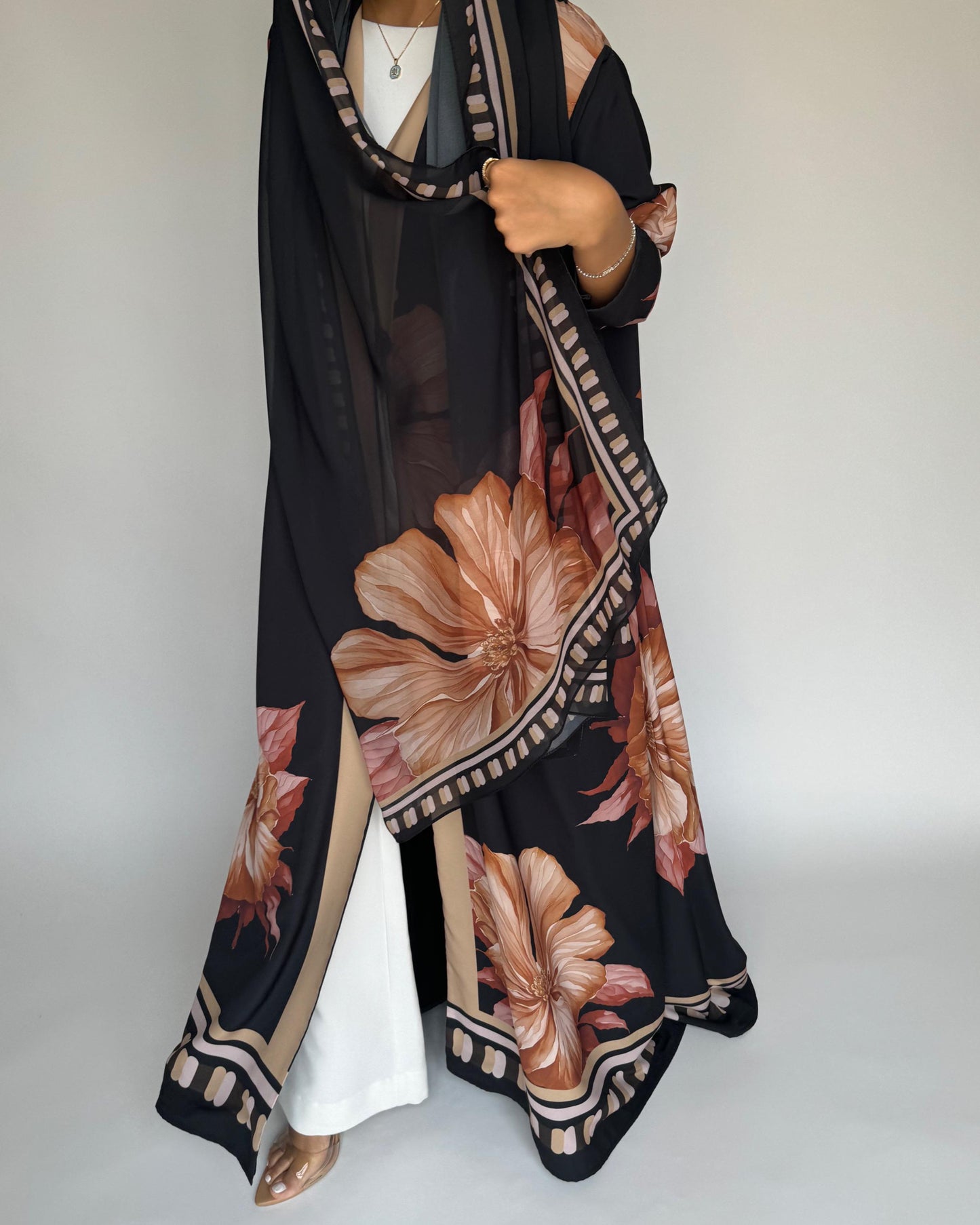 A423 - Charcoal A-Cut Flower Summery Daily Abaya