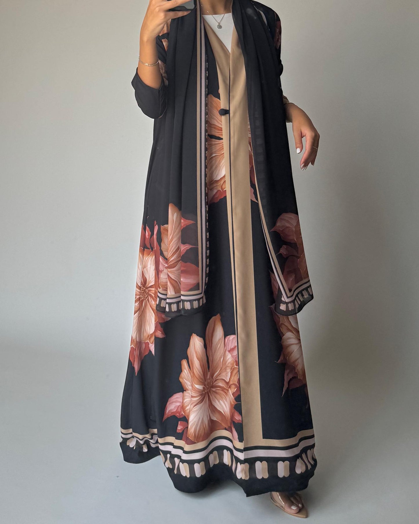 A423 - Charcoal A-Cut Flower Summery Daily Abaya
