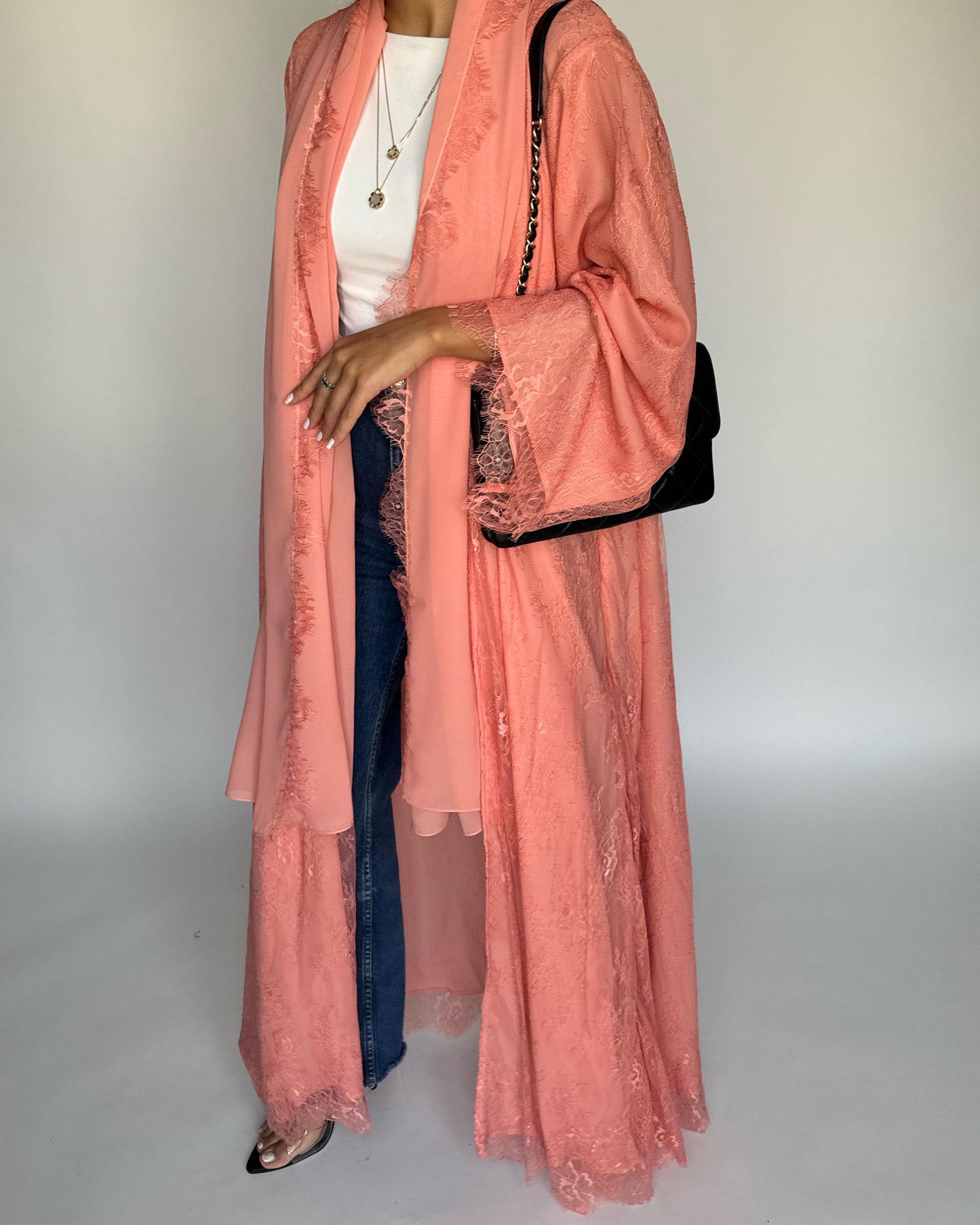 A436 - Coral Pink Lace Summery Abaya