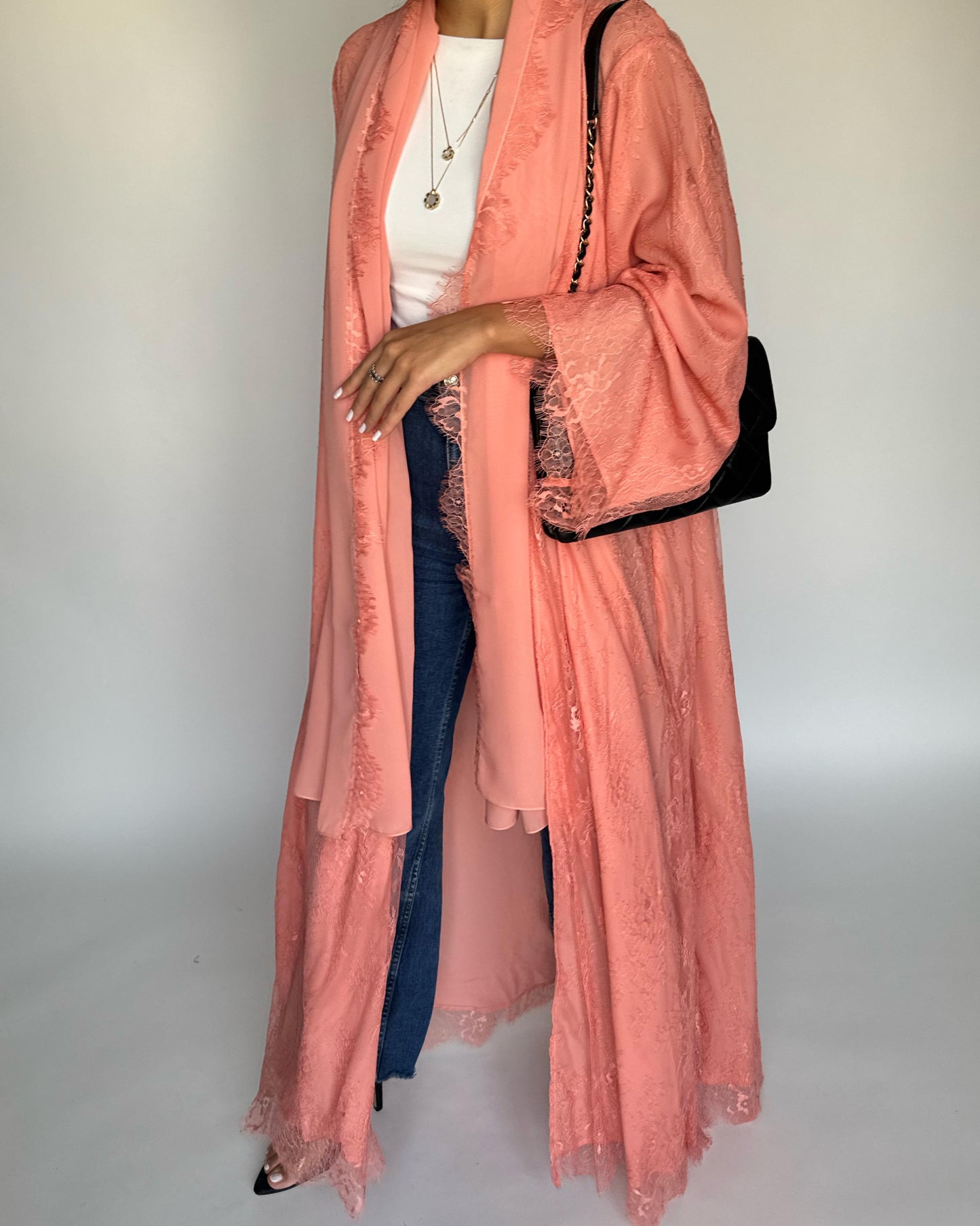 A436 - Coral Pink Lace Summery Abaya