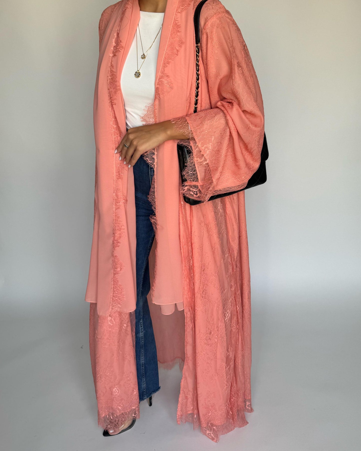 A436 - Coral Pink Lace Summery Abaya