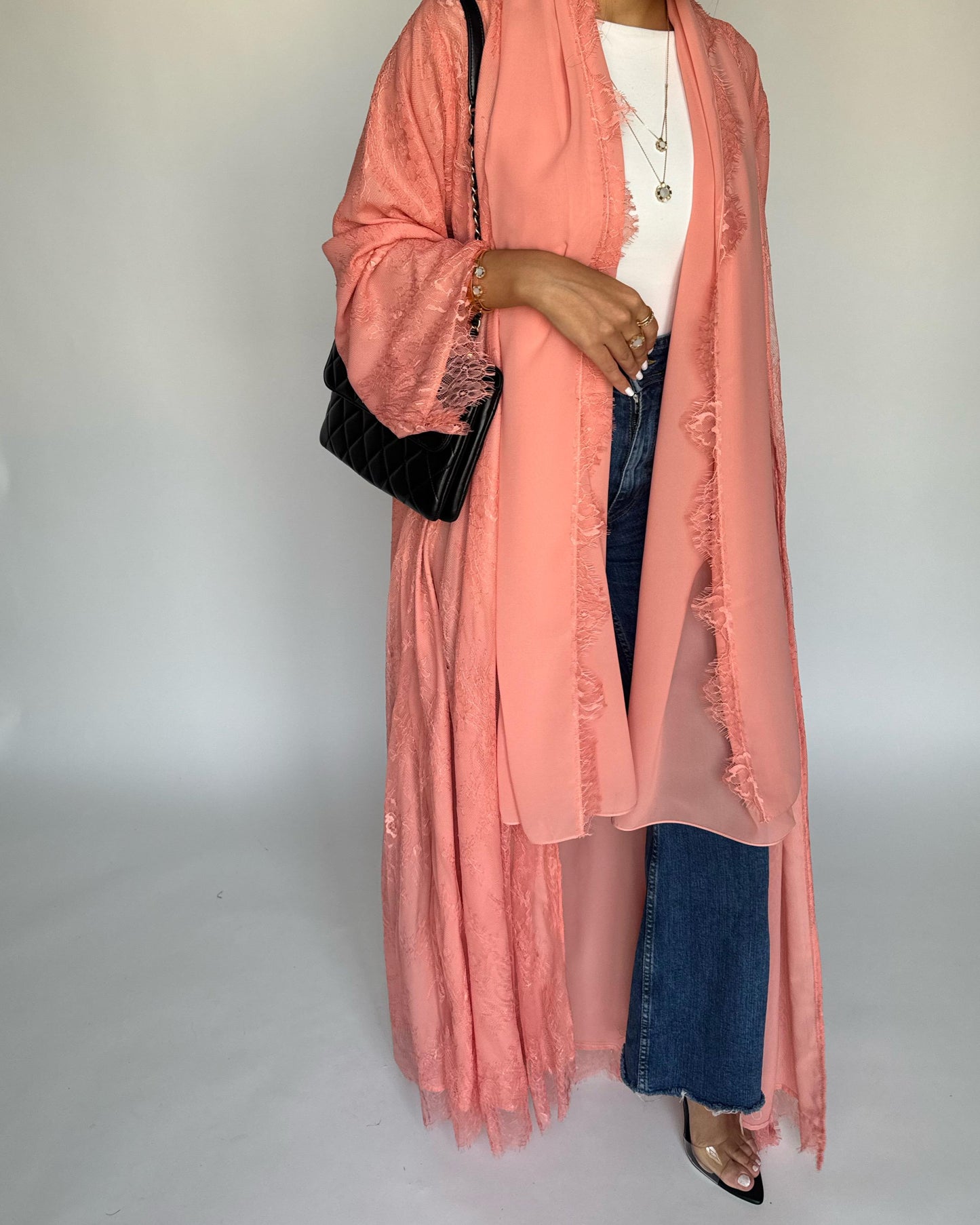 A436 - Coral Pink Lace Summery Abaya
