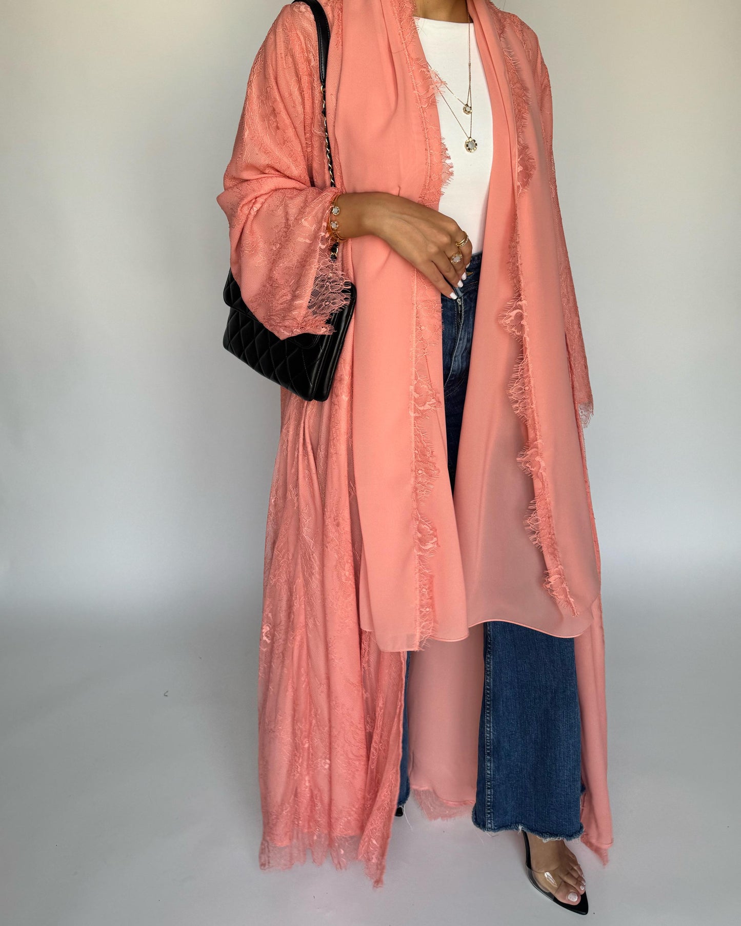 A436 - Coral Pink Lace Summery Abaya