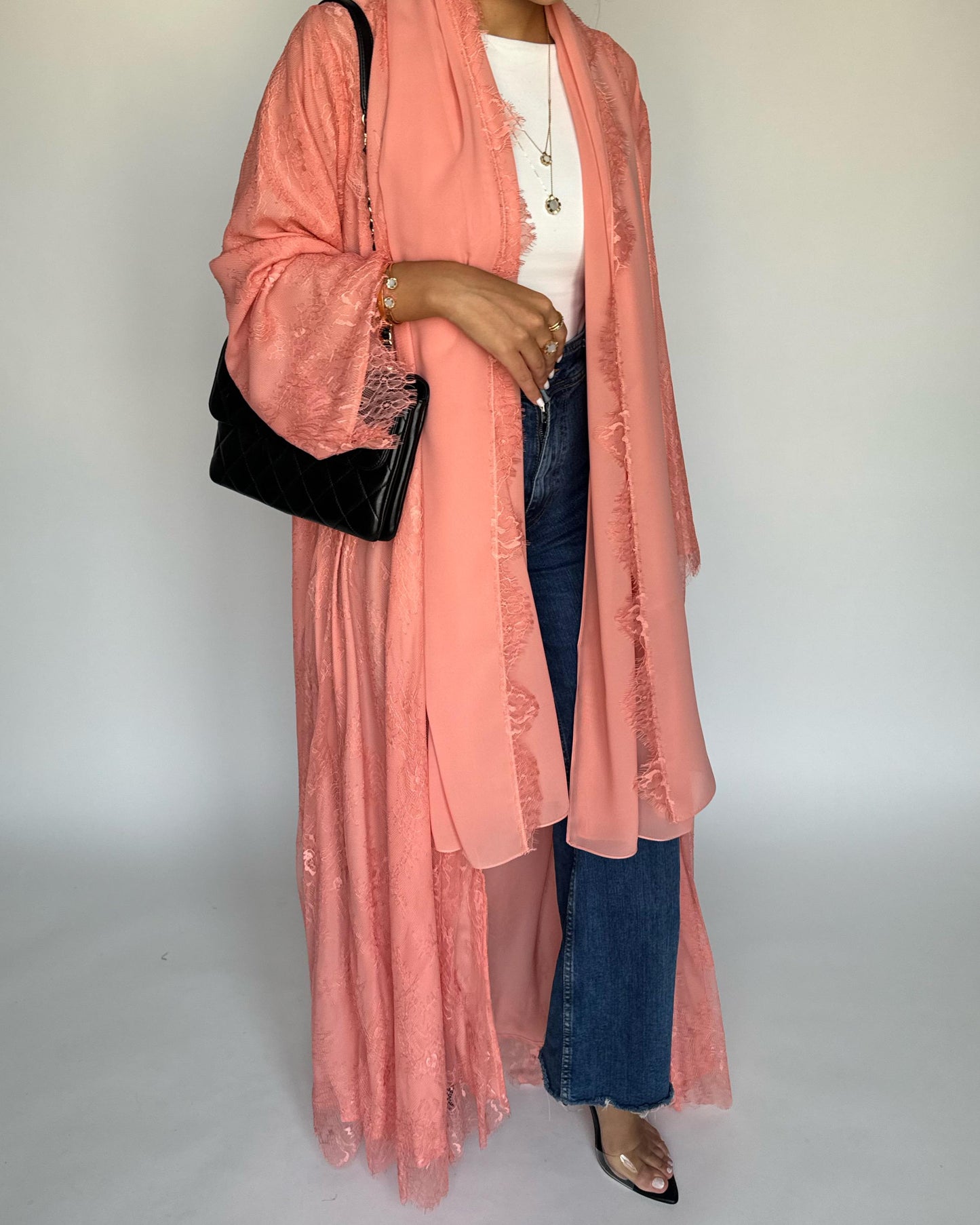 A436 - Coral Pink Lace Summery Abaya