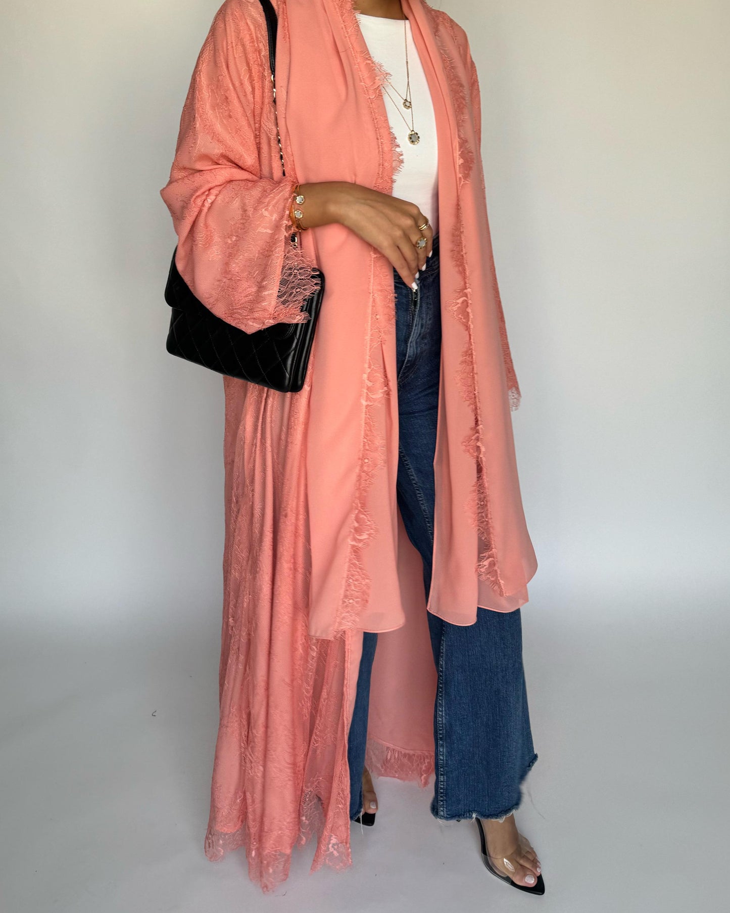 A436 - Coral Pink Lace Summery Abaya