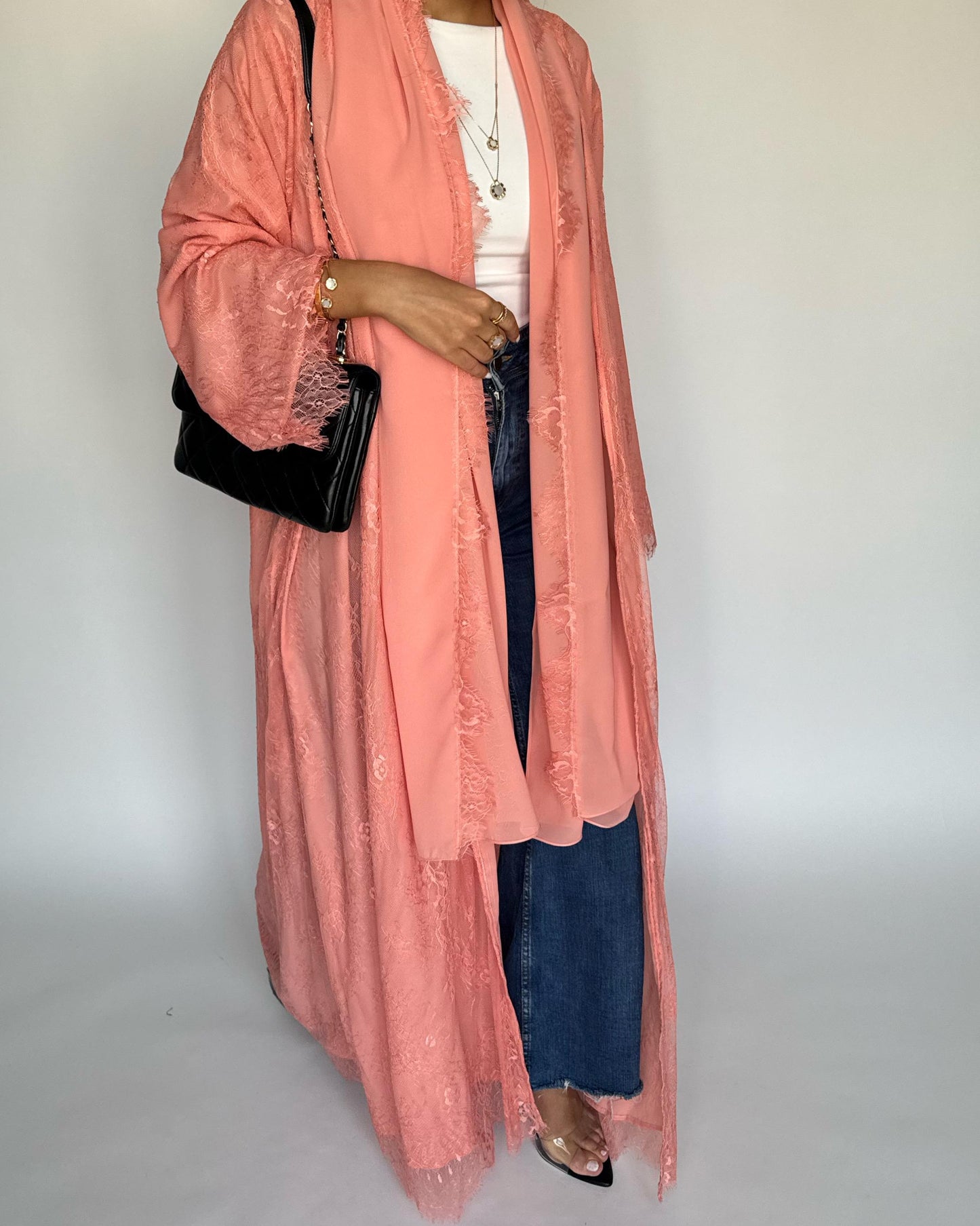 A436 - Coral Pink Lace Summery Abaya