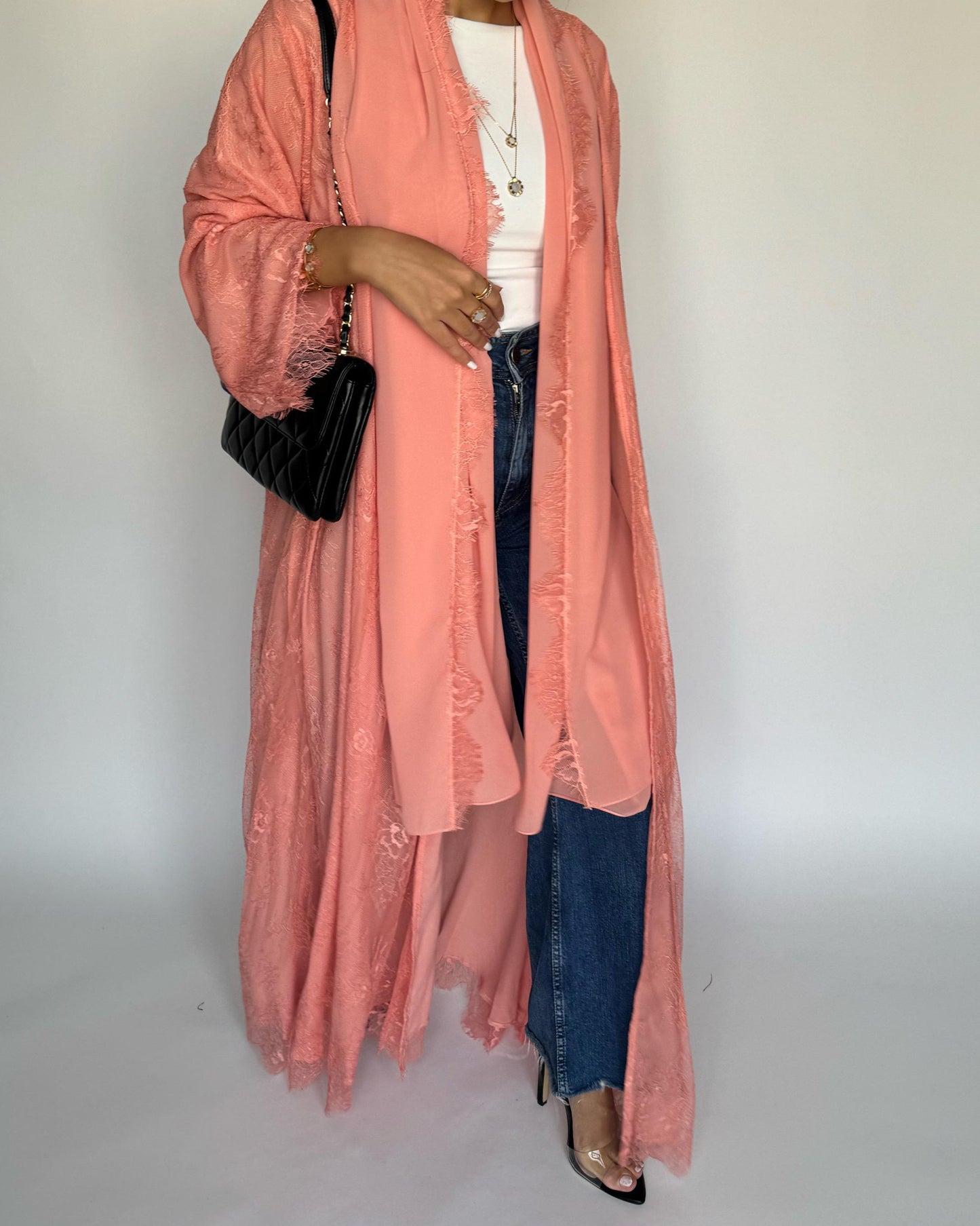 A436 - Coral Pink Lace Summery Abaya