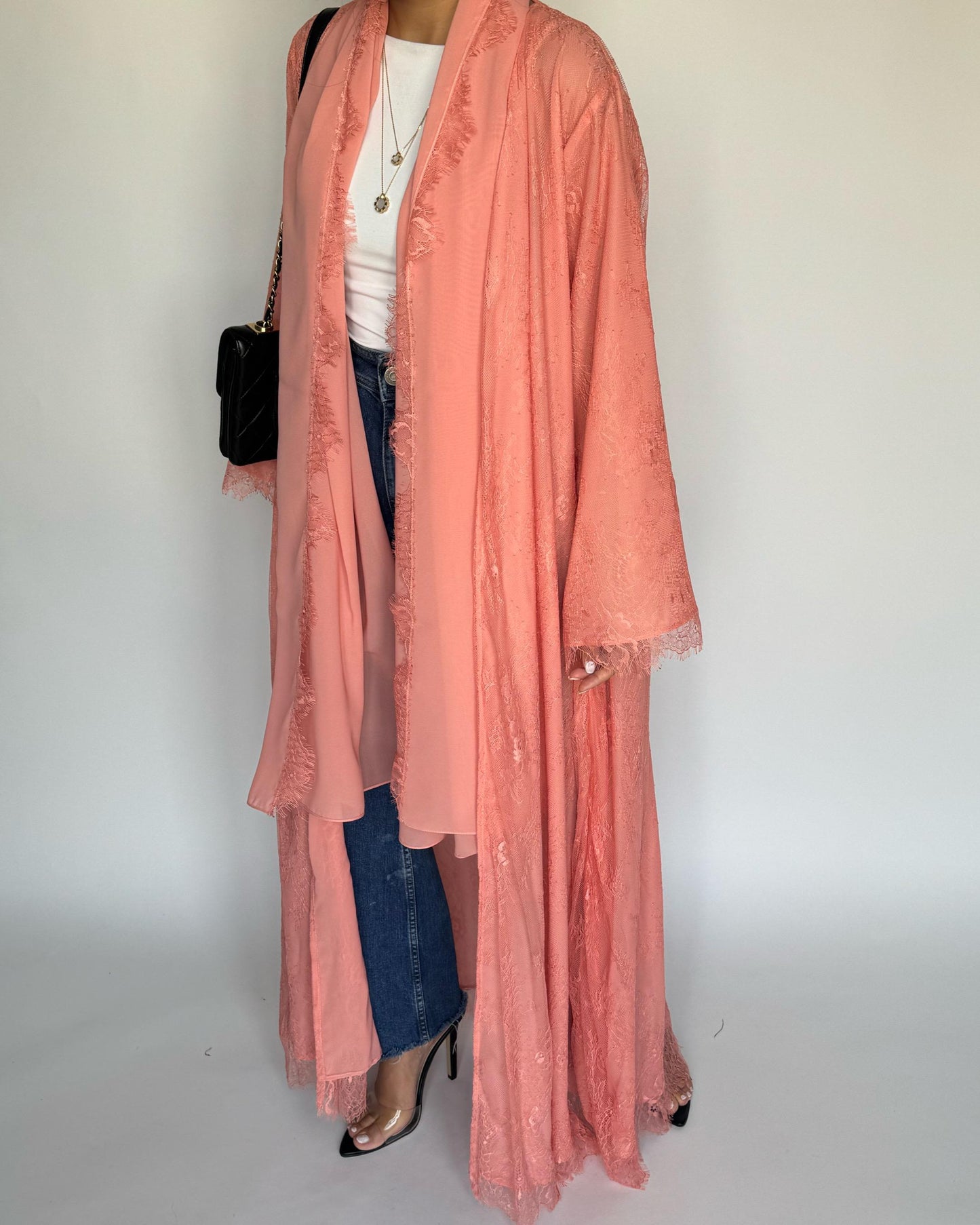 A436 - Coral Pink Lace Summery Abaya