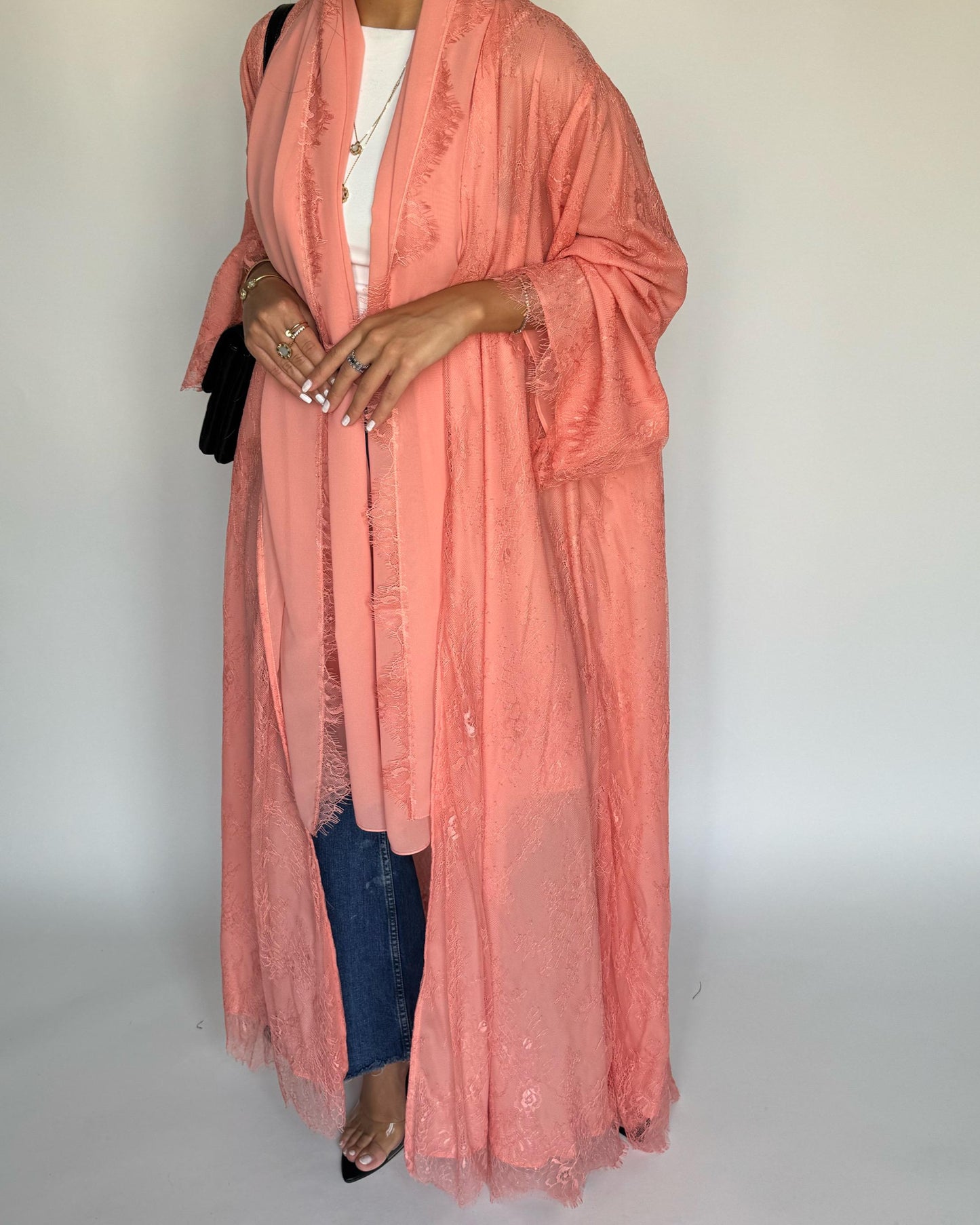 A436 - Coral Pink Lace Summery Abaya