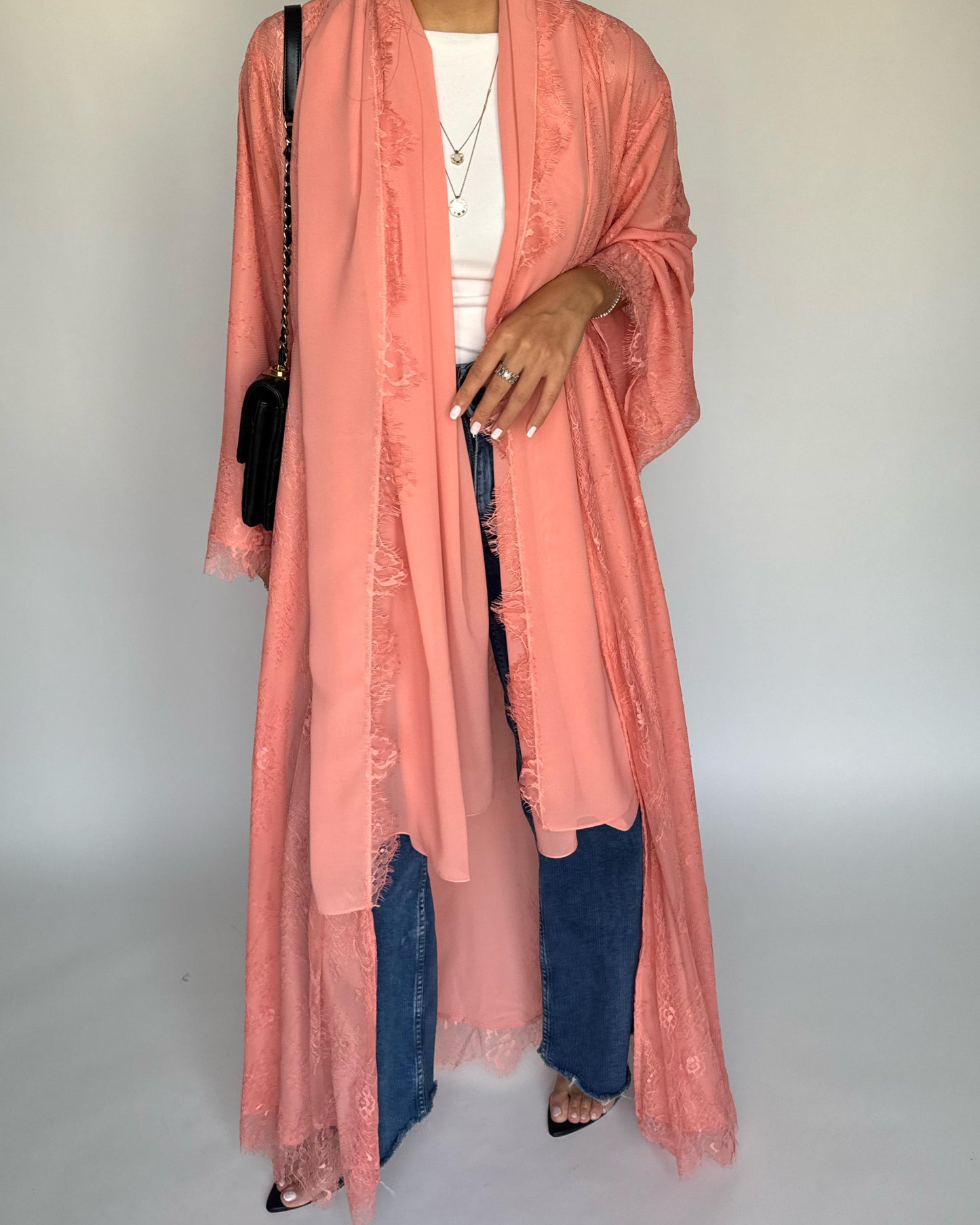 A436 - Coral Pink Lace Summery Abaya