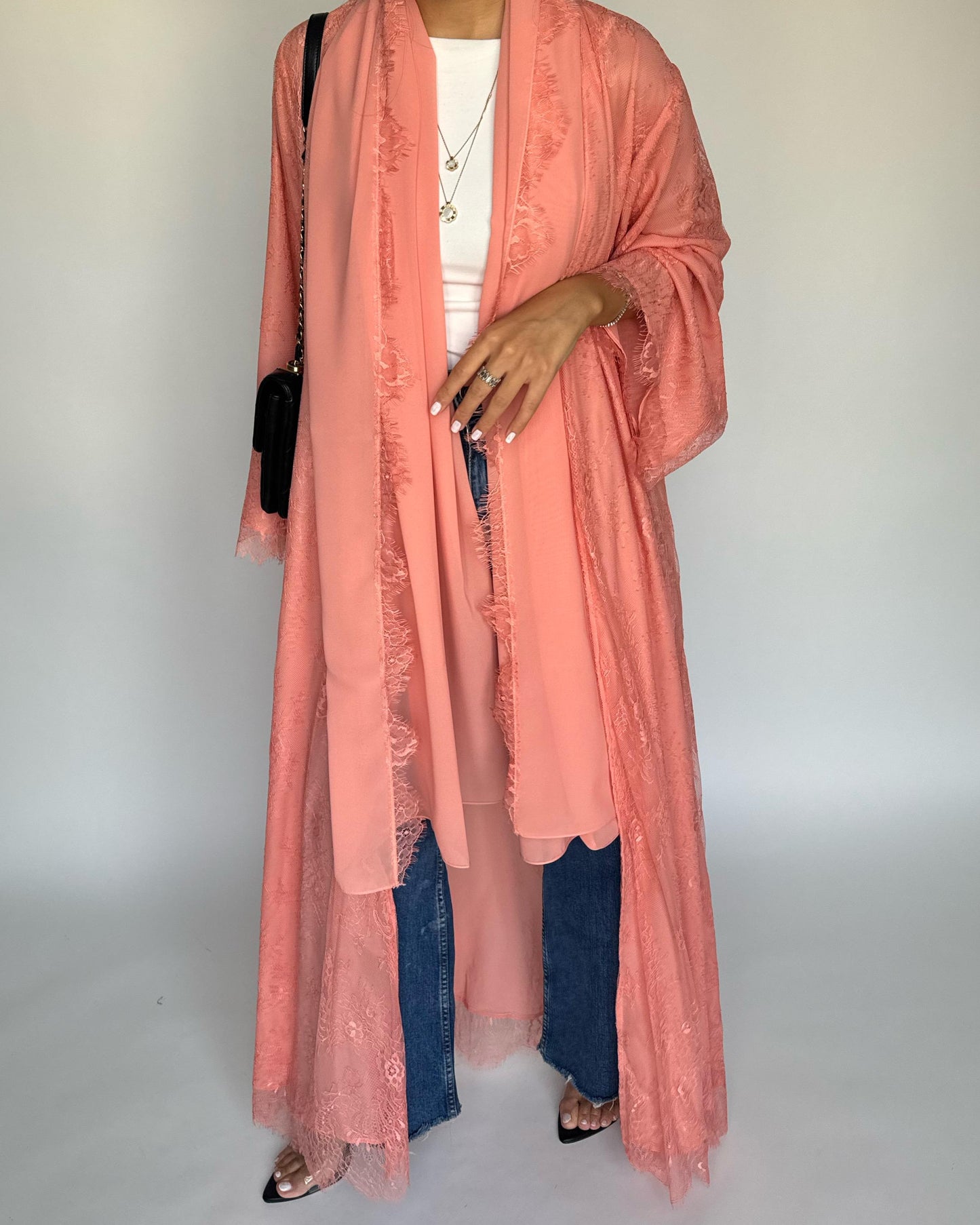 A436 - Coral Pink Lace Summery Abaya