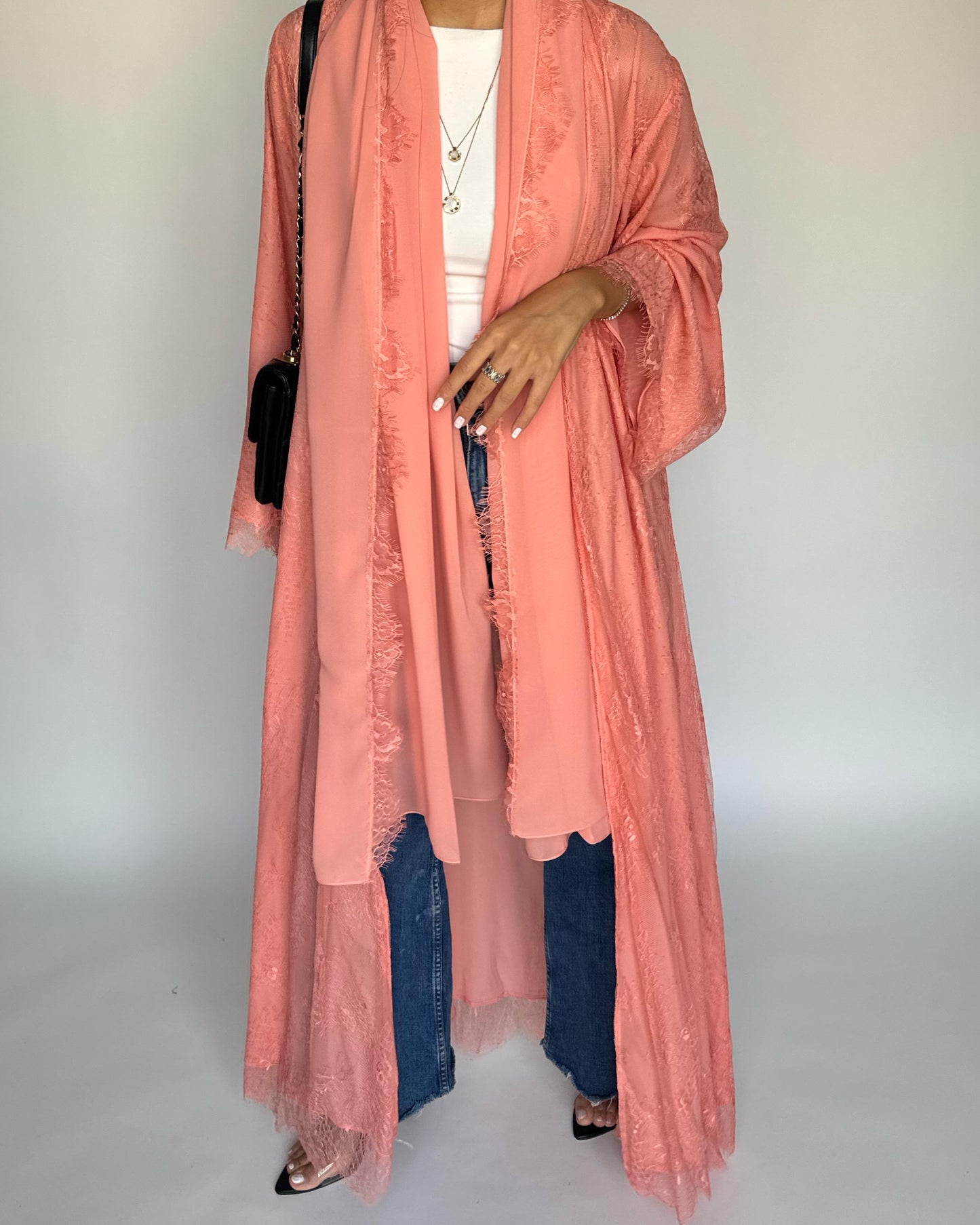 A436 - Coral Pink Lace Summery Abaya
