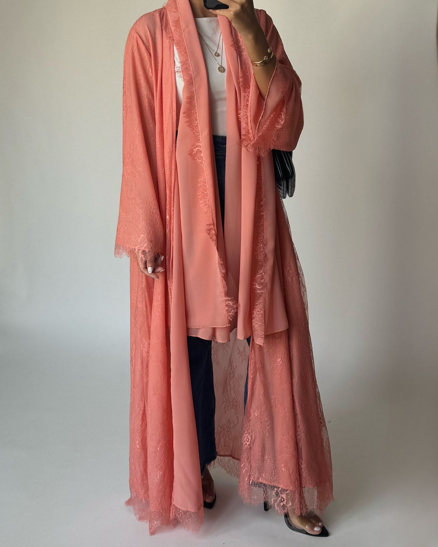A436 - Coral Pink Lace Summery Abaya