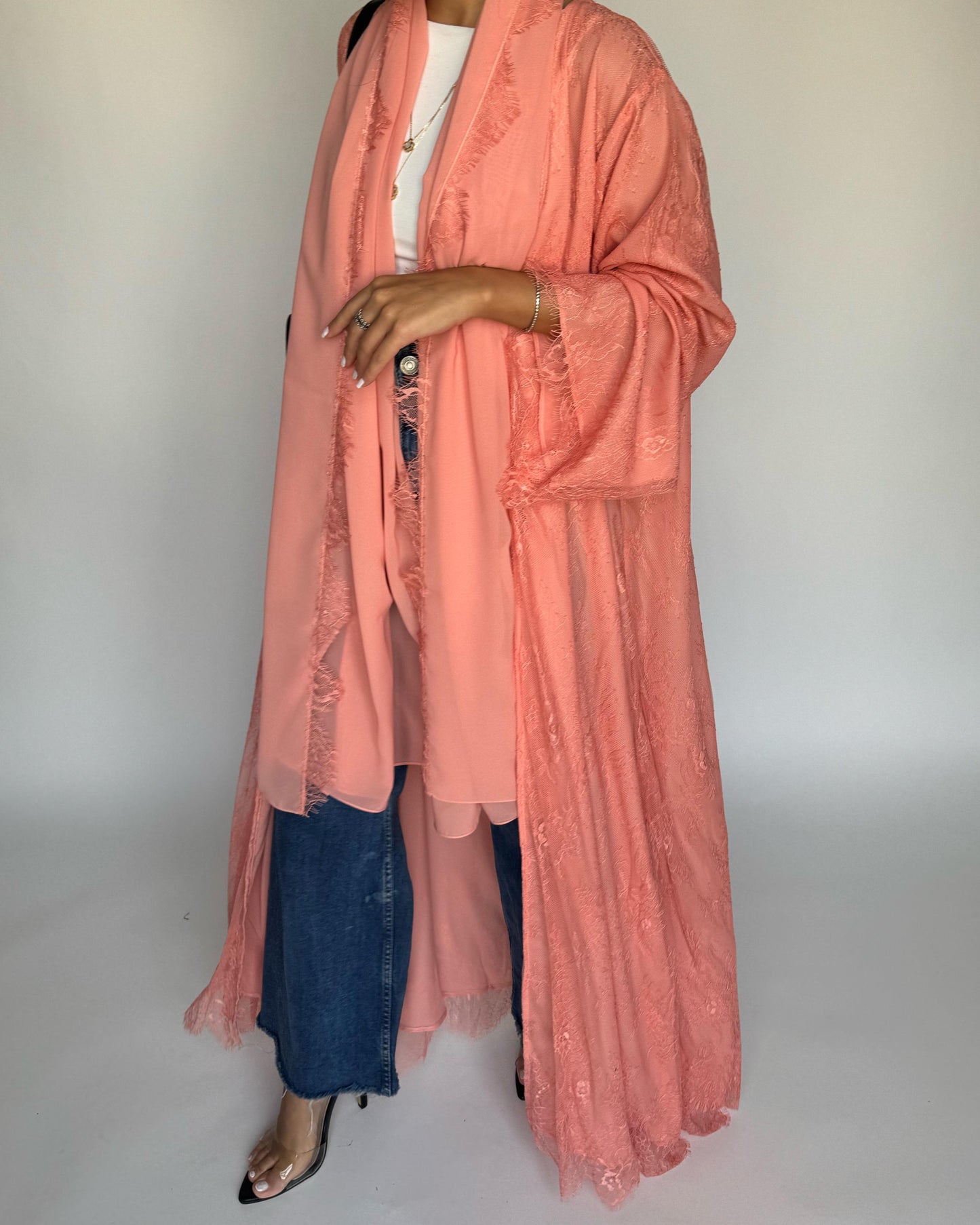 A436 - Coral Pink Lace Summery Abaya