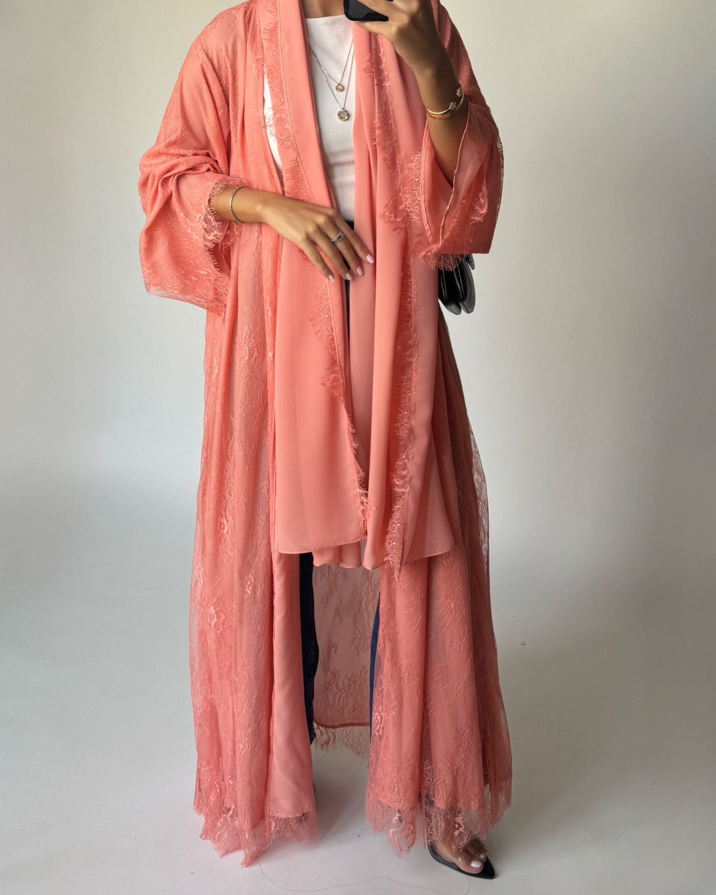 A436 - Coral Pink Lace Summery Abaya