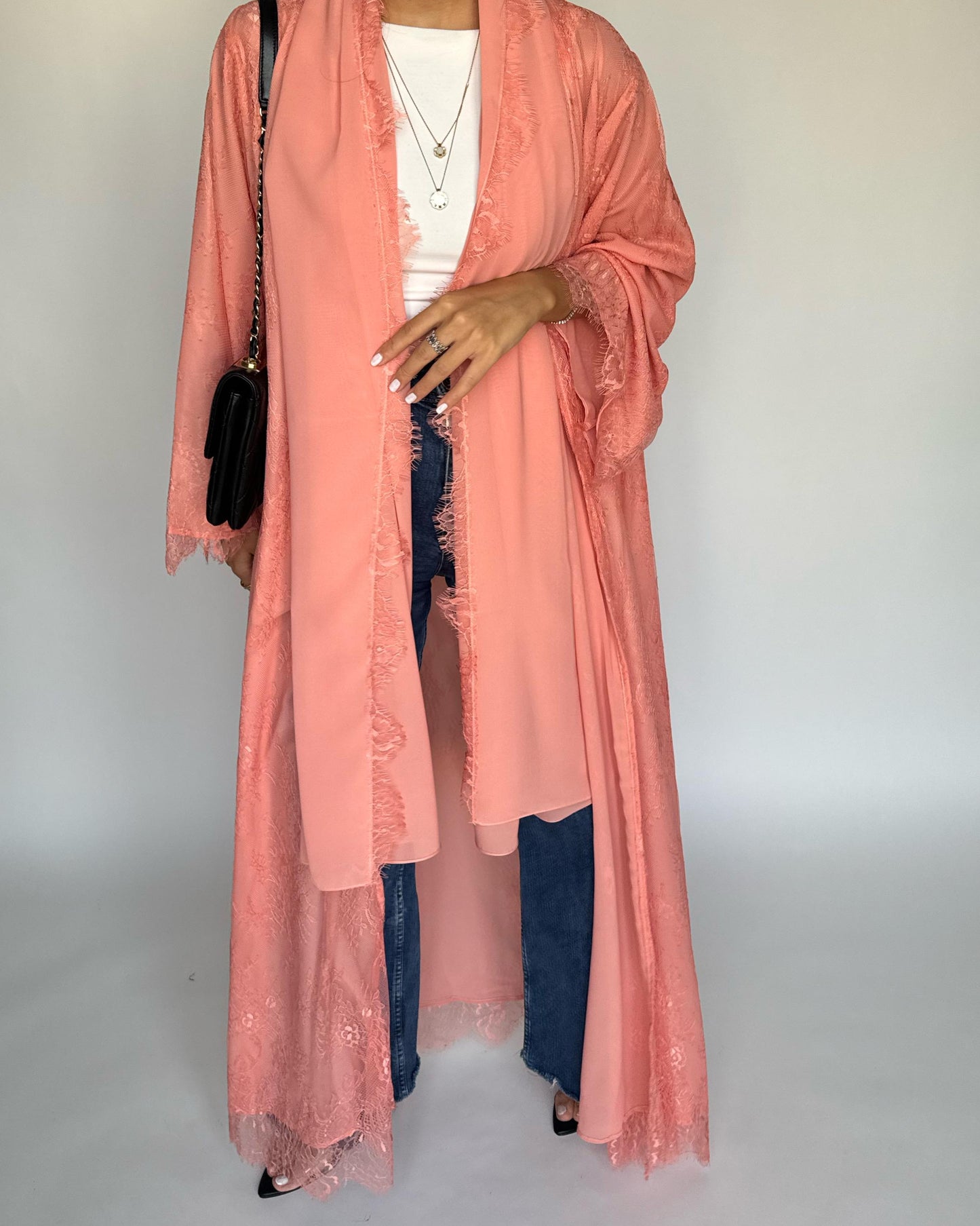 A436 - Coral Pink Lace Summery Abaya