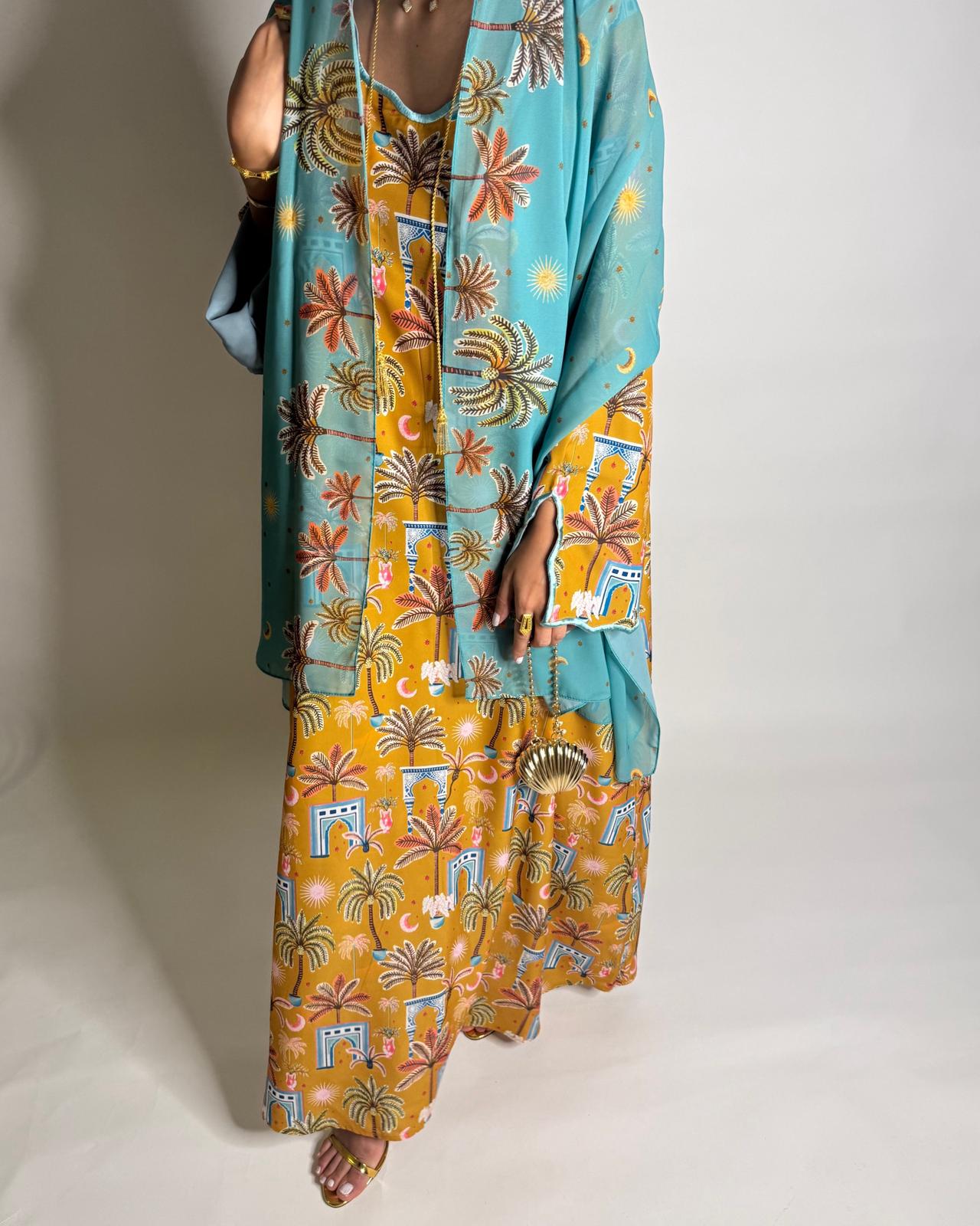 A522 - Yellow & Blue Moon & Palm Tree Pattern Jalabiya and Head Scarf