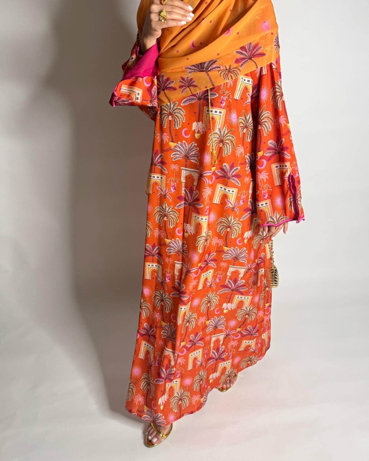 A519 - Orange & Pink Moon & Palm Tree Pattern Jalabiya and Head Scarf