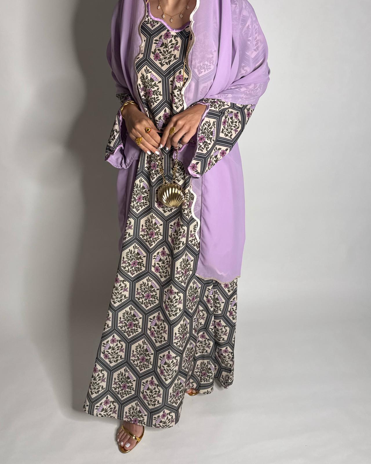 A528 - Green & Lilac Purple Hexagon Pattern Jalabiya & Matching Head Scarf