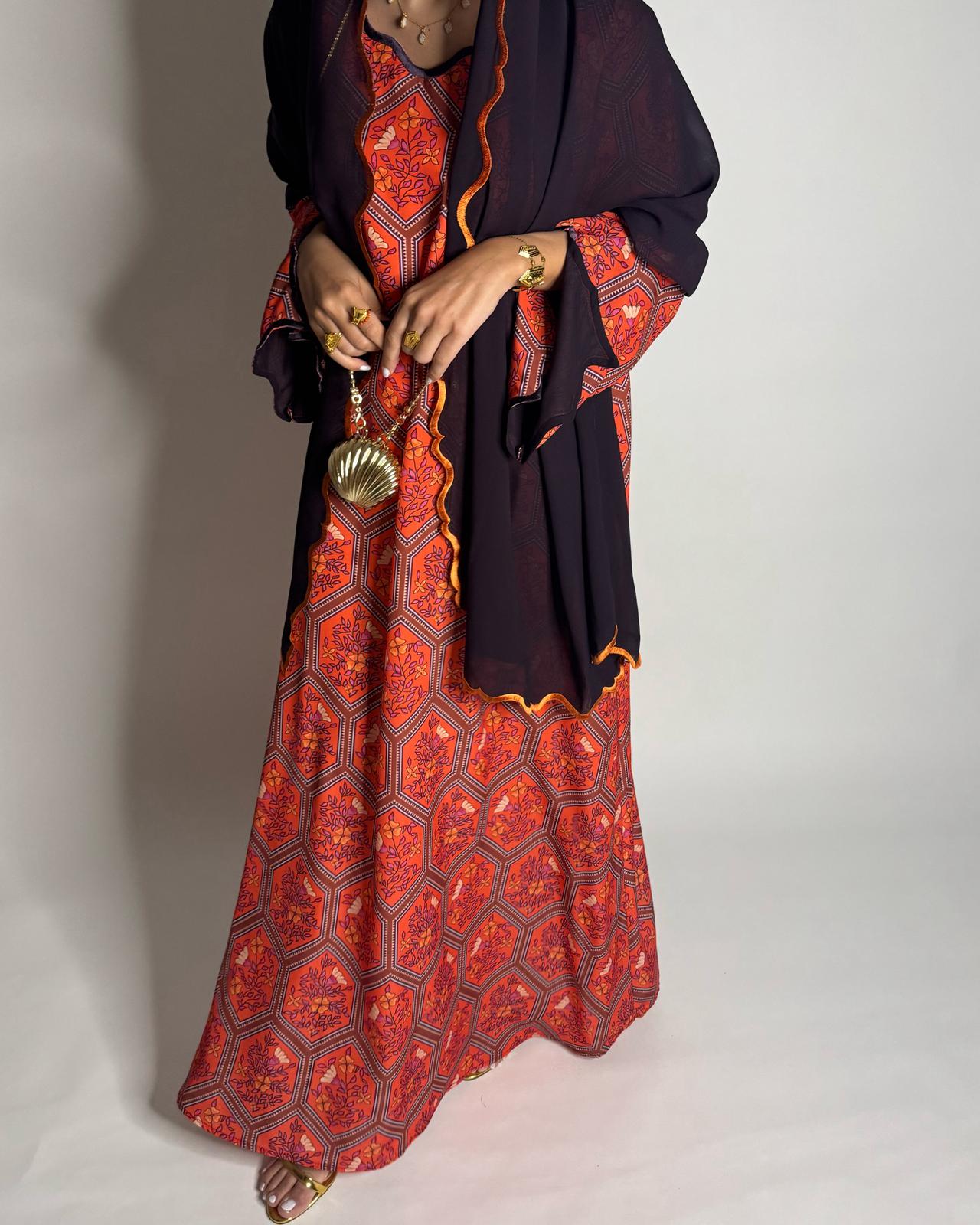 A526 - Red & Dark Purple Hexagon Jalabiya & Matching Head Scarf